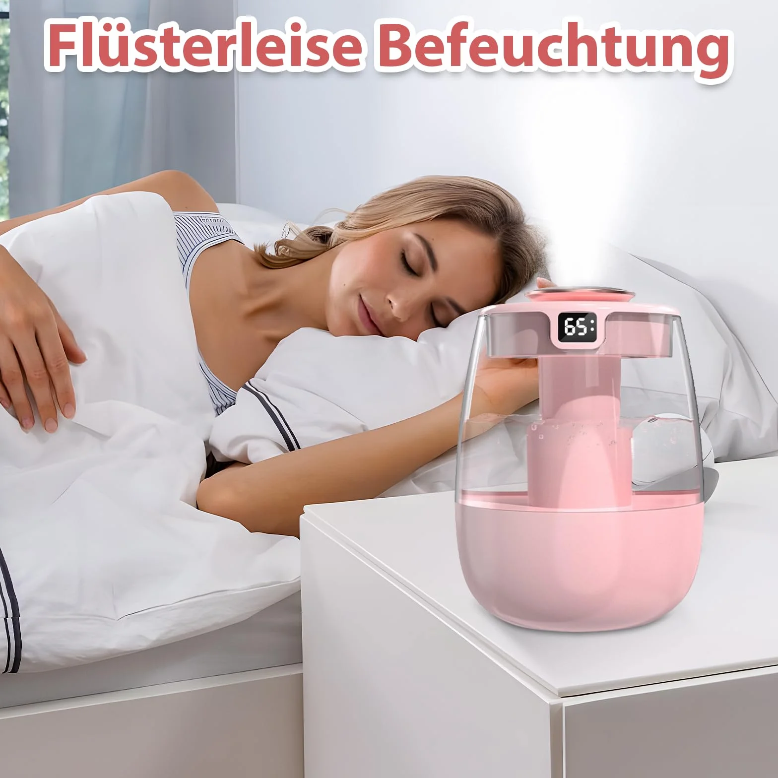 Nawilżacz powietrza, 1 l, cichy humidifier z 2 otworami, nawilżacz powietrza z cichym wyświetlaczem cyfrowym USB, 2 tryby mgły i lampka nocna do biura, pokoju dziecięcego, sypialni, samochodu, różowy