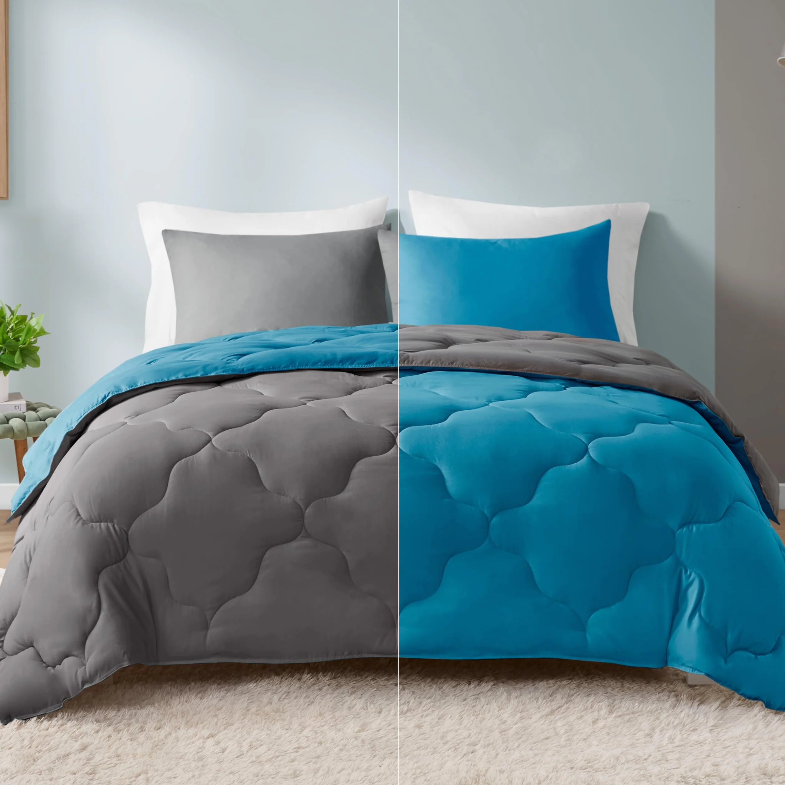 Comfort Spaces Vixie Reversible Comforter Set - Trendy Casual Geometric Quilted Cover, All Season Down Alternative Cozy Bedding, Matching Sham, Teal/Charcoal, Full/Queen 3 piece