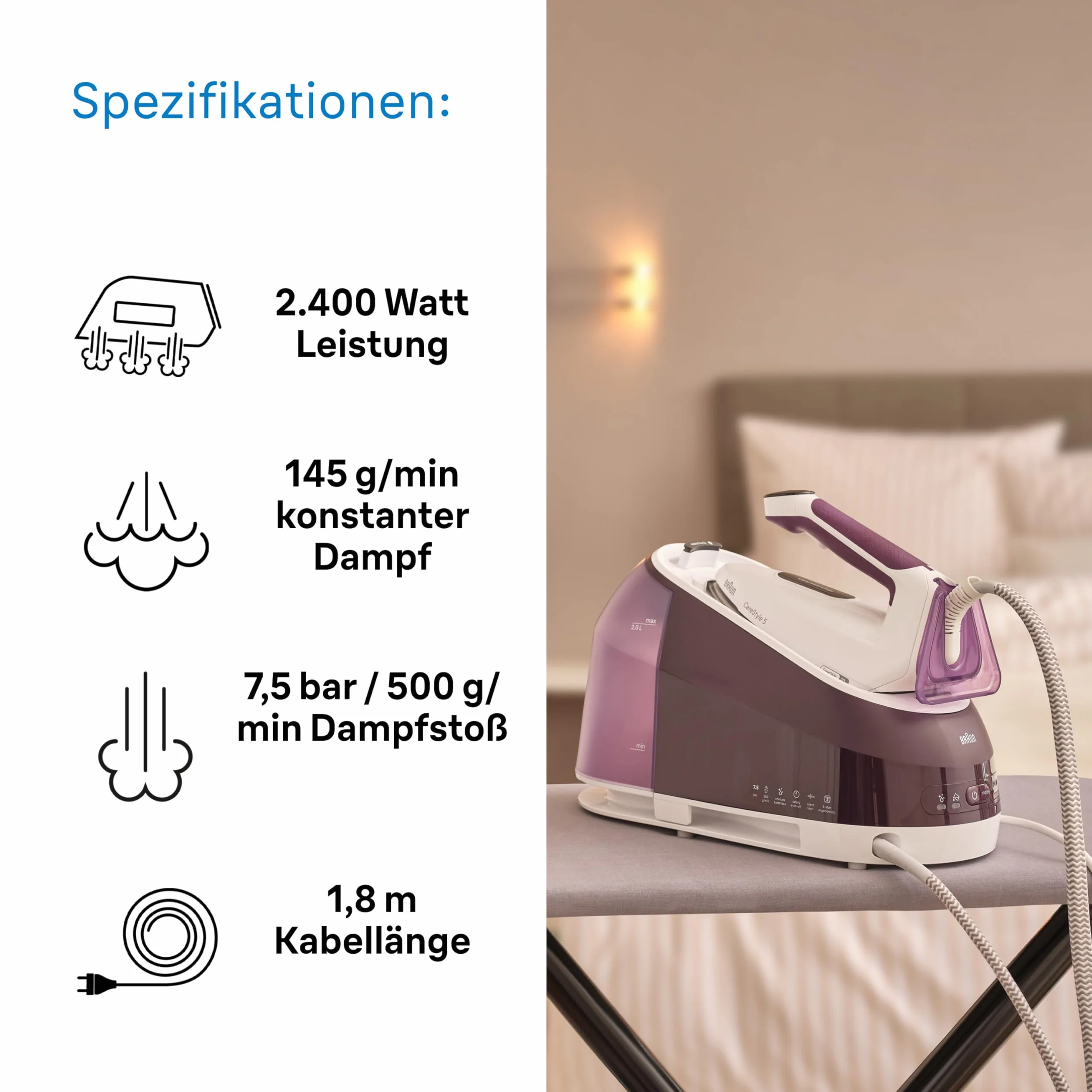 Braun CareStyle 5 IS5247VI żelazko parowe z technologią FreeGlide 3D, 145 g/min pary, szybkie nagrzewanie, tryb iCare, pionowe prasowanie, zdejmowany zbiornik 2 l, 2400 W, fioletowy