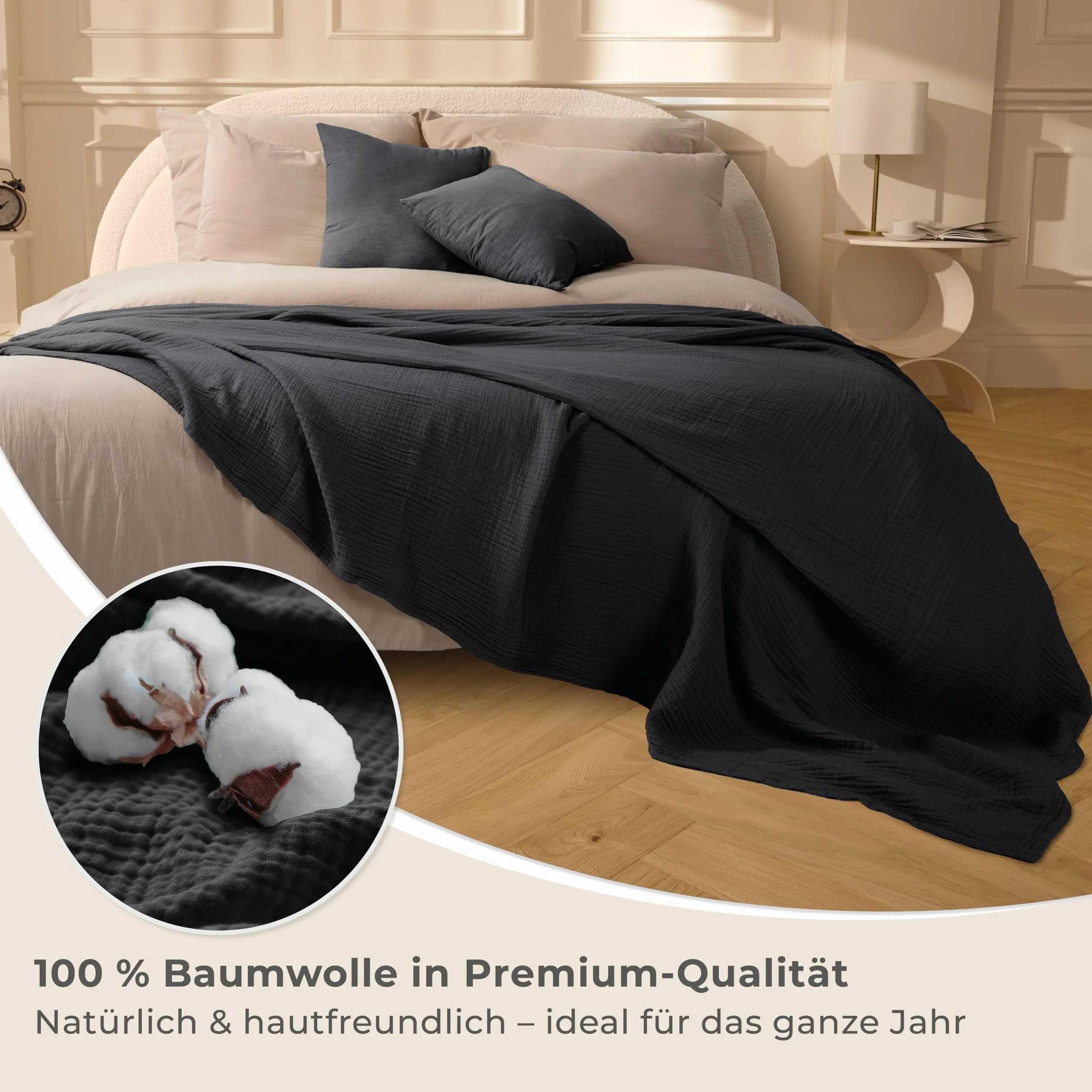 LAYNENBURG Muślinowa narzuta klasy premium, 220 x 240 cm (rozmiar XXL), 100% bawełna, bardzo miękki koc bawełniany jako przytulny koc, narzuta na łóżko, sofę, ciepły koc (czarny)