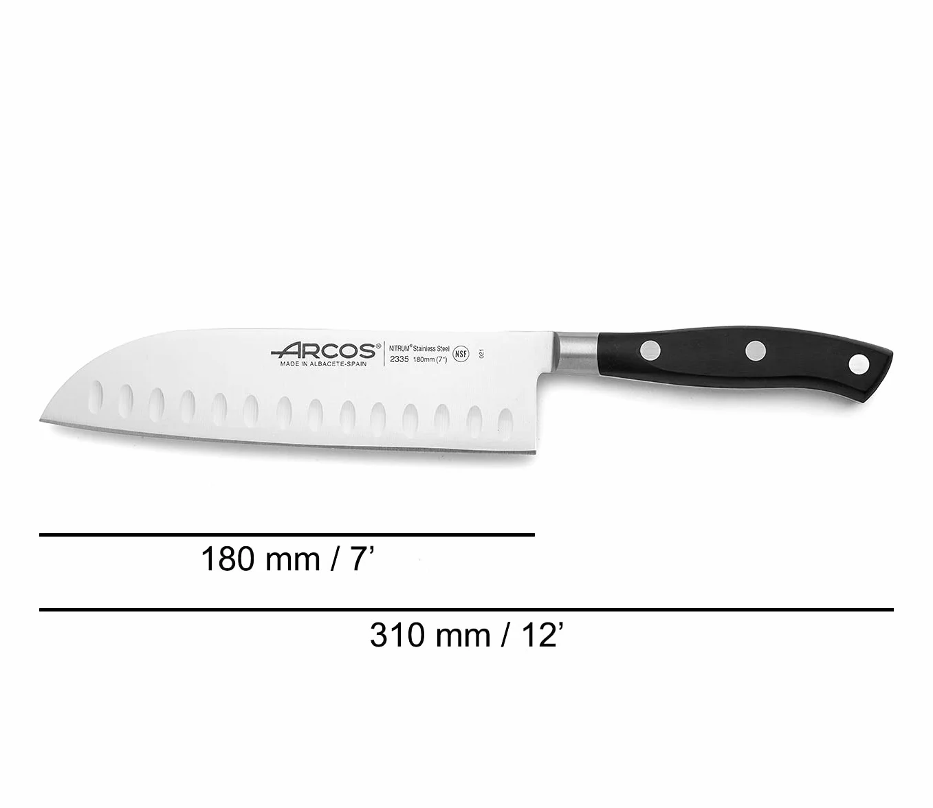 ARCOS Noże Santoku i ze stali. Japoński Kuchenny do krojenia mięsa, ryb i warzyw. Ergonomiczna rękojeść z i ostrze o długości 180 mm. Seria Riviera. Kolor czarny.