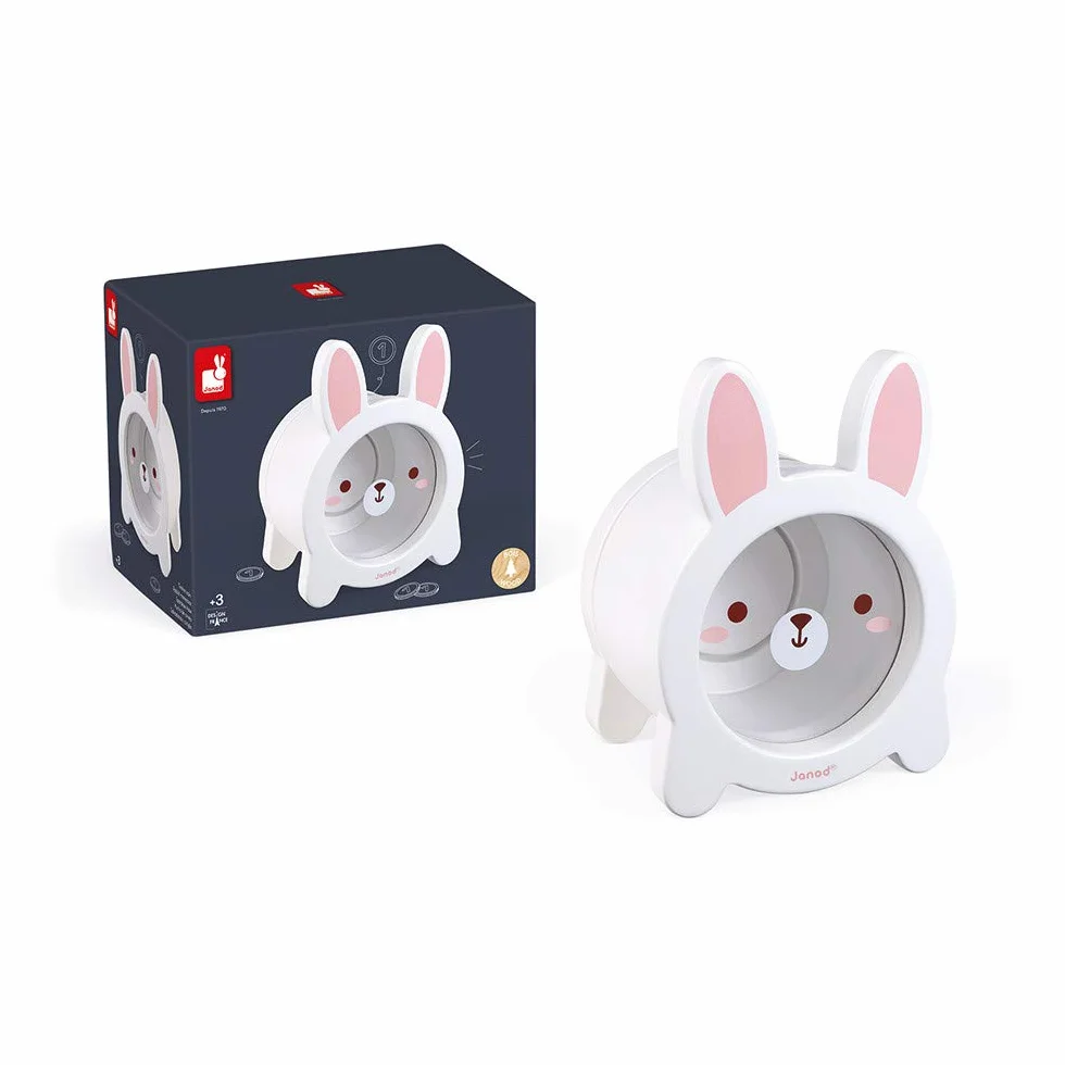Janod - Rabbit Wooden Children’s Money Box 5.9 inch - See-Through Side and Magnetic Opening - Children's Room Decoration - Suitable for Ages 3 and Up, J04654