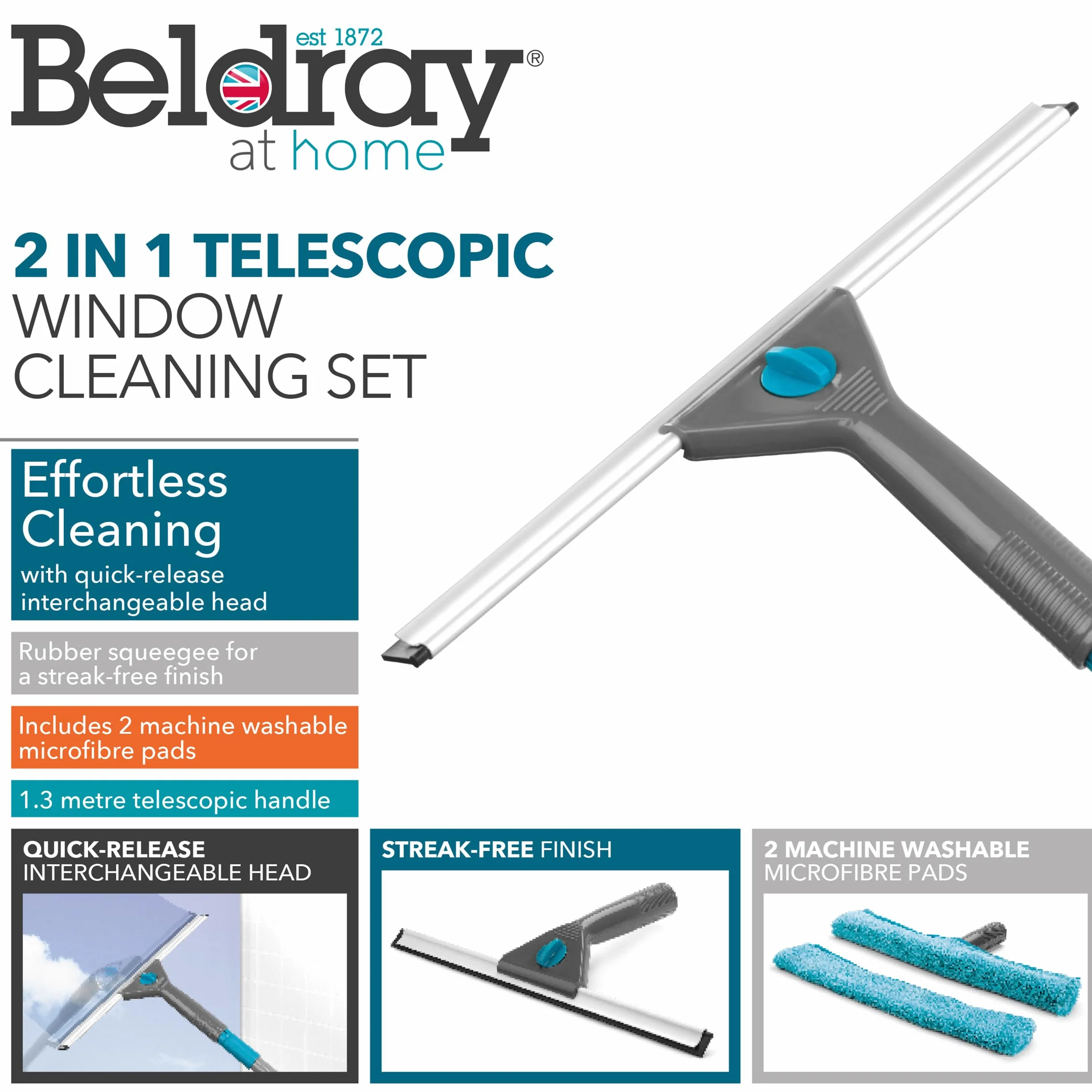 Beldray® 5-częściowy zestaw do czyszczenia dużych szyb LA028693TQ z wymienną głowicą i wkładkami z mikrofibry