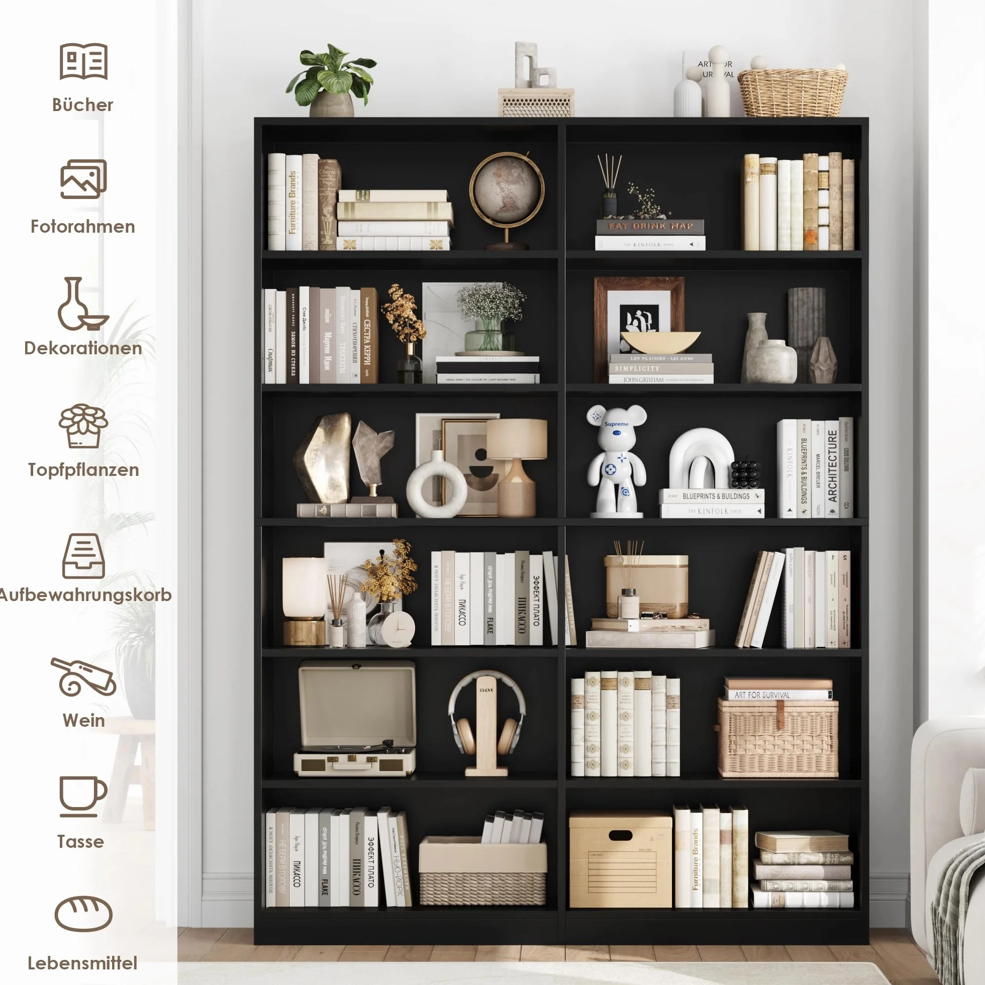 FirFurd Regał na książki z 12 przegródkami, szafka na książki, regał stojący, regał do przechowywania do salonu, biura, kuchni 120 x 30 x 188,7 cm, kolor czarny