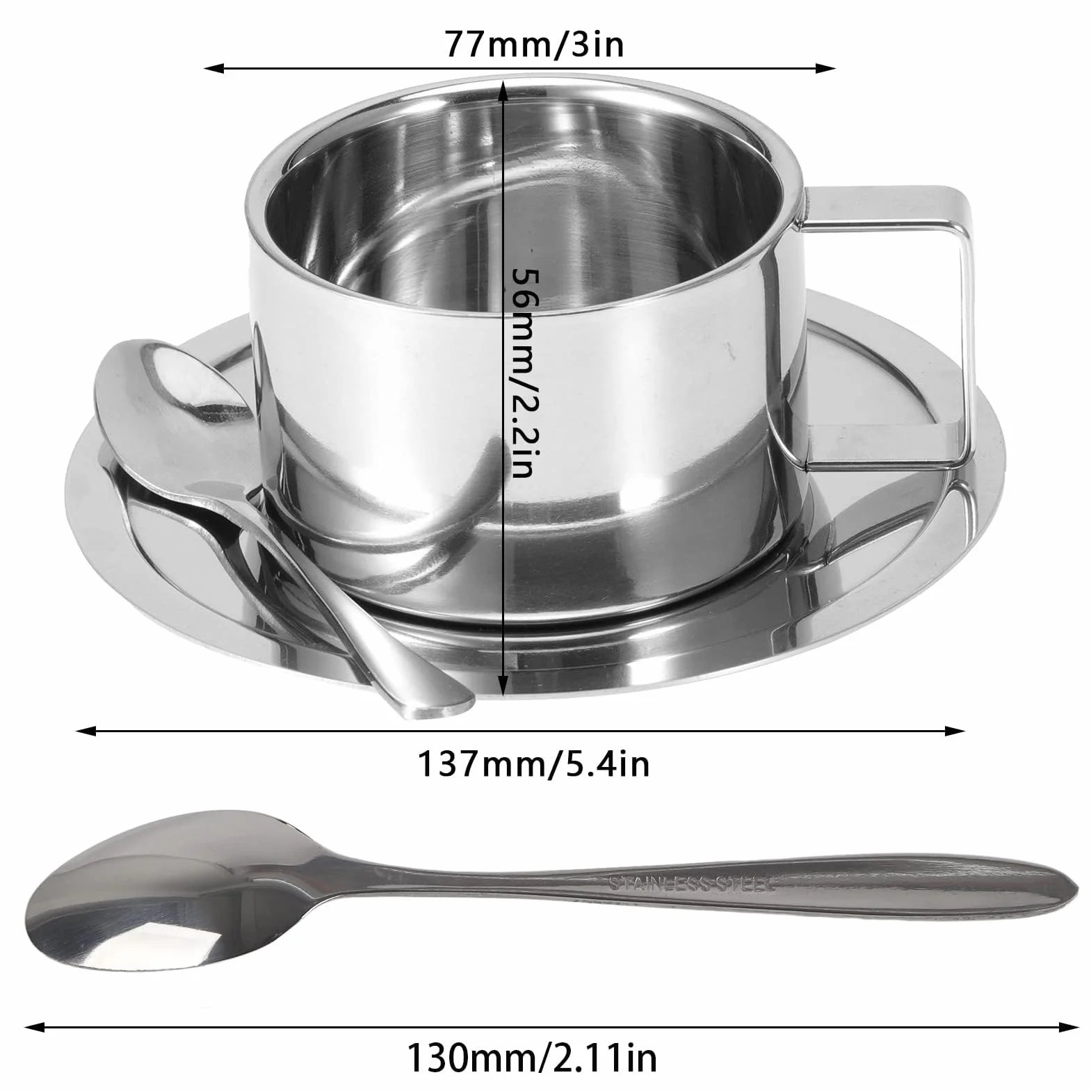 Zestaw 4 filiżanek do kawy ze stali nierdzewnej, 200 ml, podwójne ścianki, metalowe, do espresso, filiżanki termiczne z łyżeczką i spodkiem, do kawy, latte, herbaty, mleka