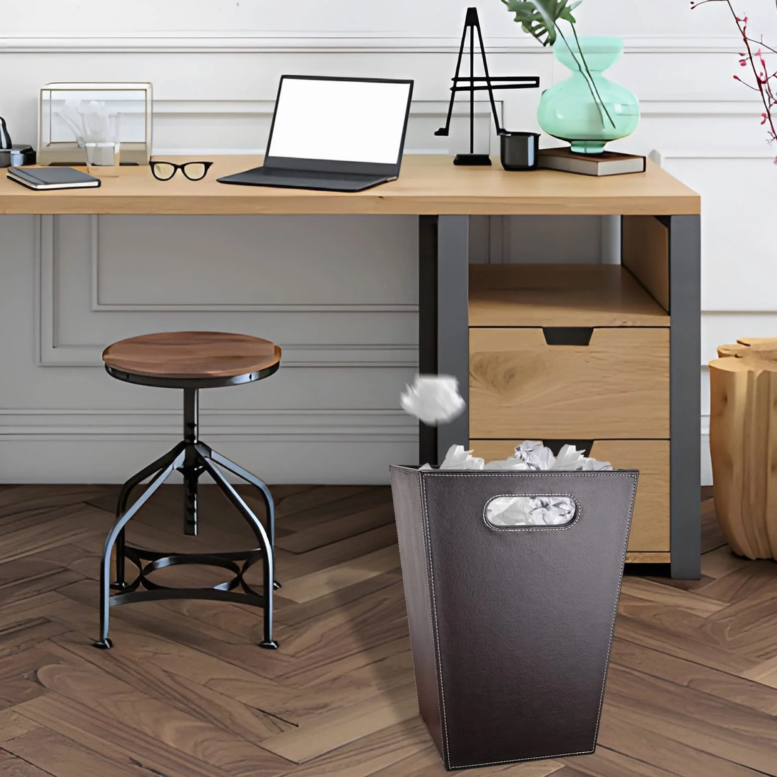 GORESE Brązowy skórzany kosz na papier biurowy, nowoczesny design, do kuchni, łazienki, biura (kwadratowo-brązowy)