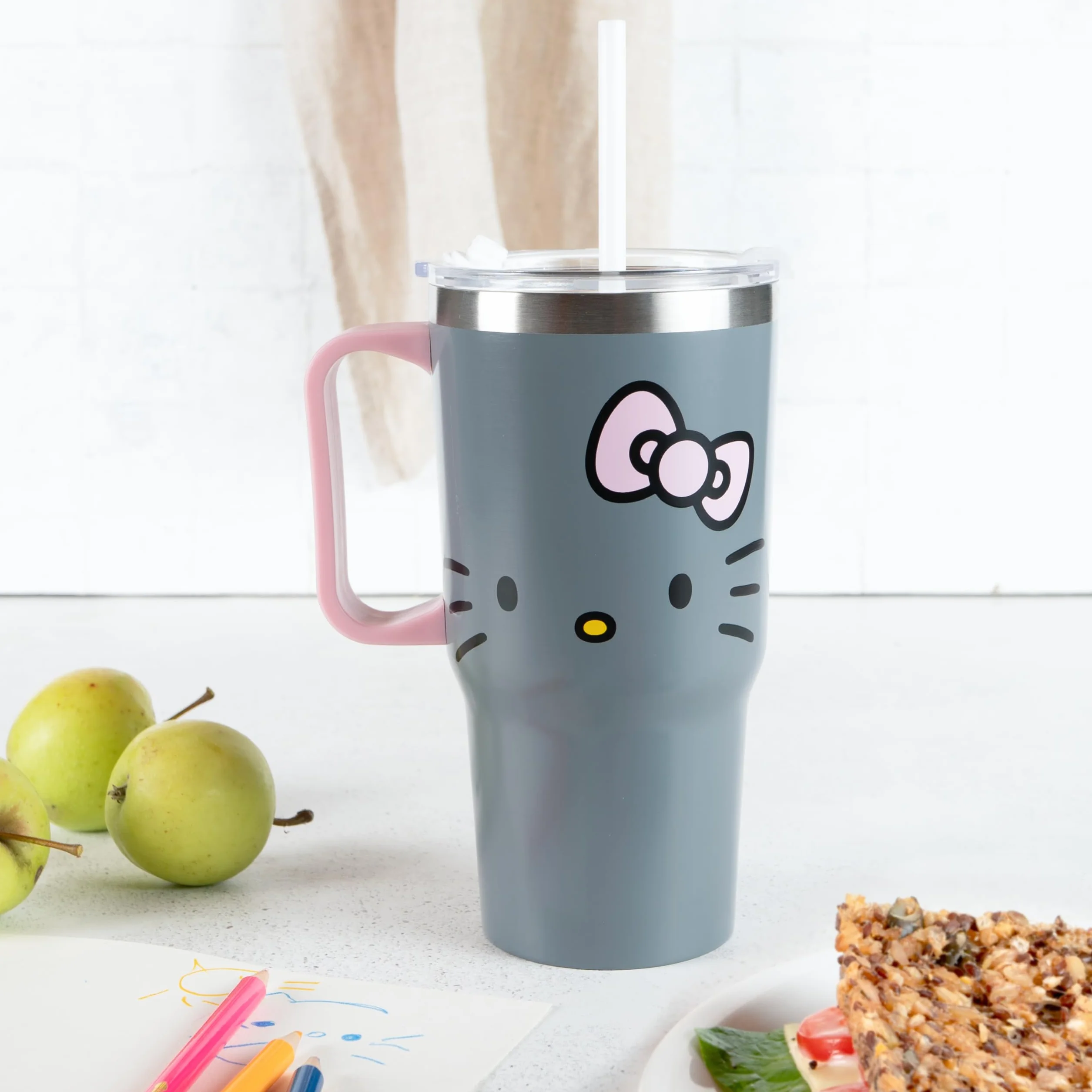 Hello Kitty kubek do picia 540 ml z pokrywką i słomką, szary dla dzieci