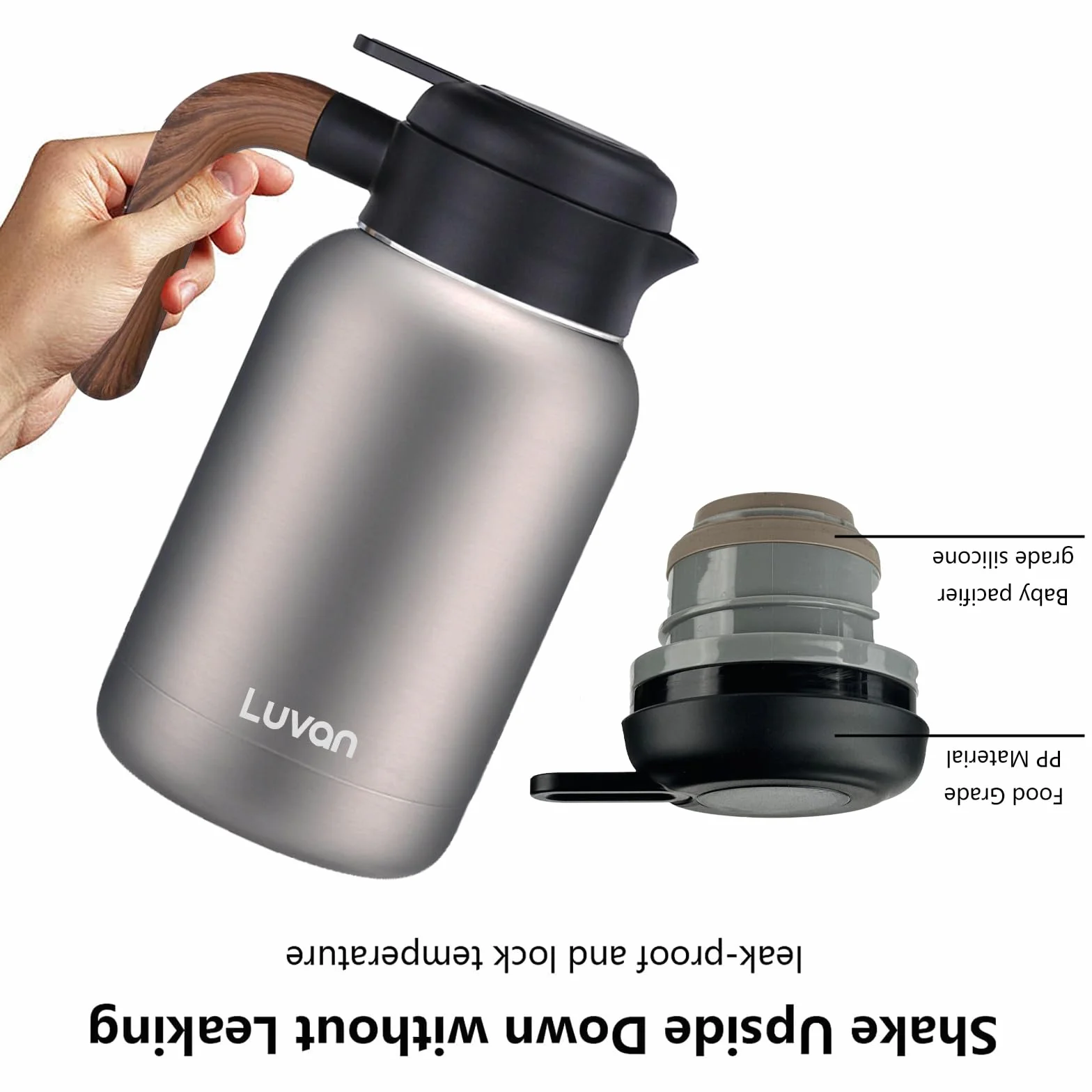 Termiczna karafka do kawy Sus304, 2 l, próżniowa karafka do kawy Sus304, dzbanek do kawy z pokrywką i uchwytem z litego drewna, izolowany, utrzymuje ciepło 12 h i zimno przez 24 h na kemping, herbatę