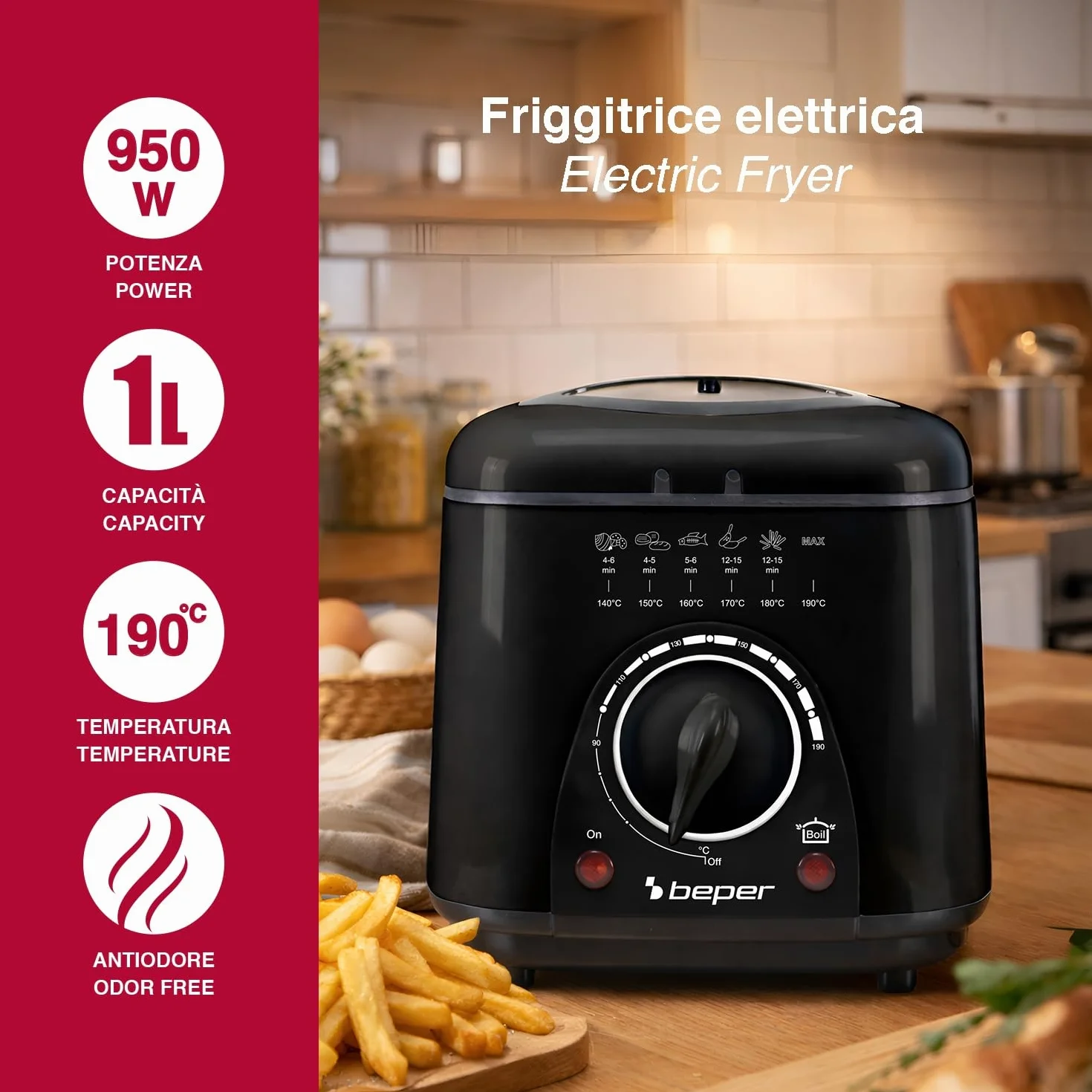 BEPER P101FRI100 MINI Frytkownica elektryczna 1L, 850-950 W, zdejmowany kosz stalowy, pokrywa z iluminatorem, zdejmowany filtr, zmywalny, regulowana temperatura, antypoślizgowe nóżki, czarny