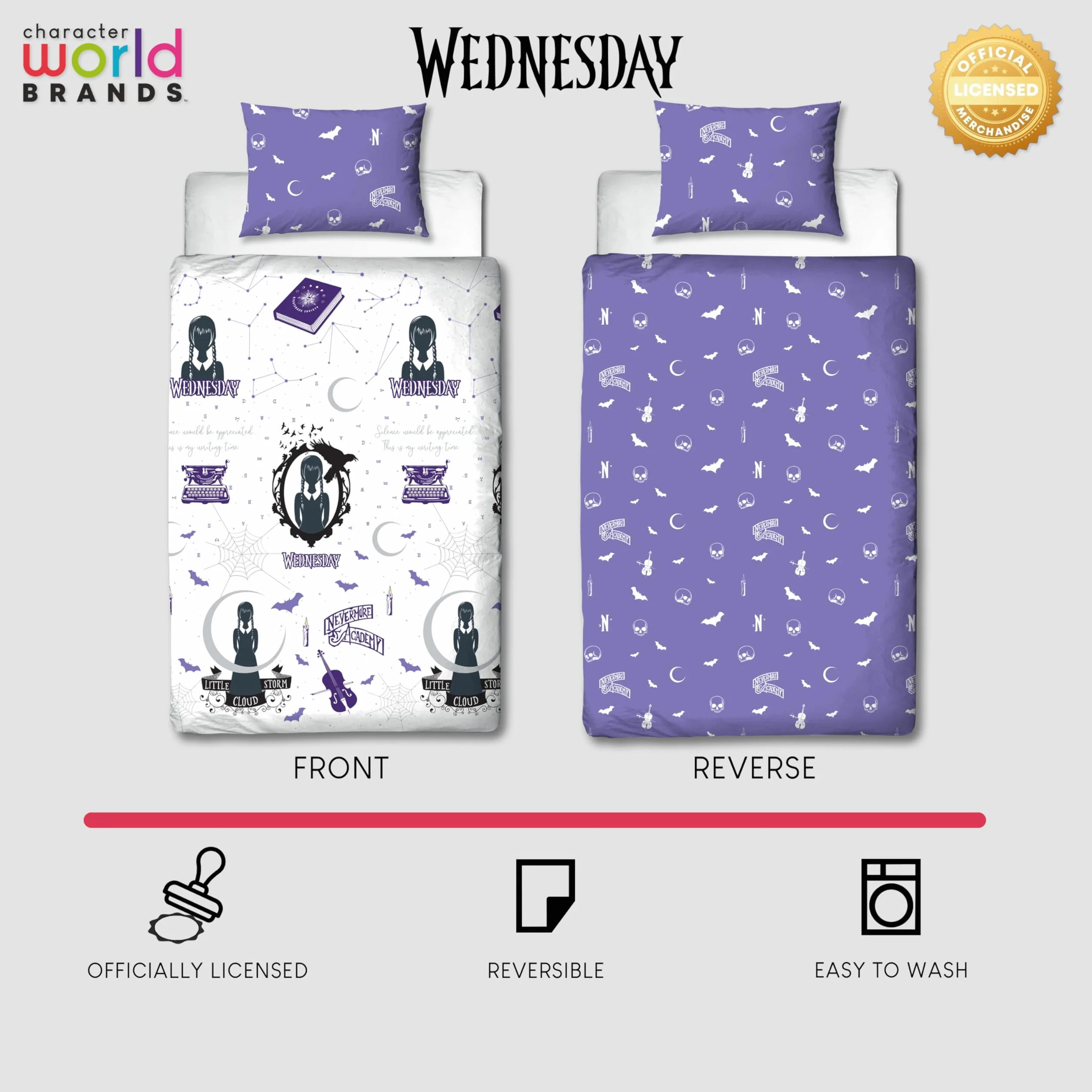 Character World Wednesday oficjalny zestaw poszewek na kołdrę dwustronny fioletowy biały