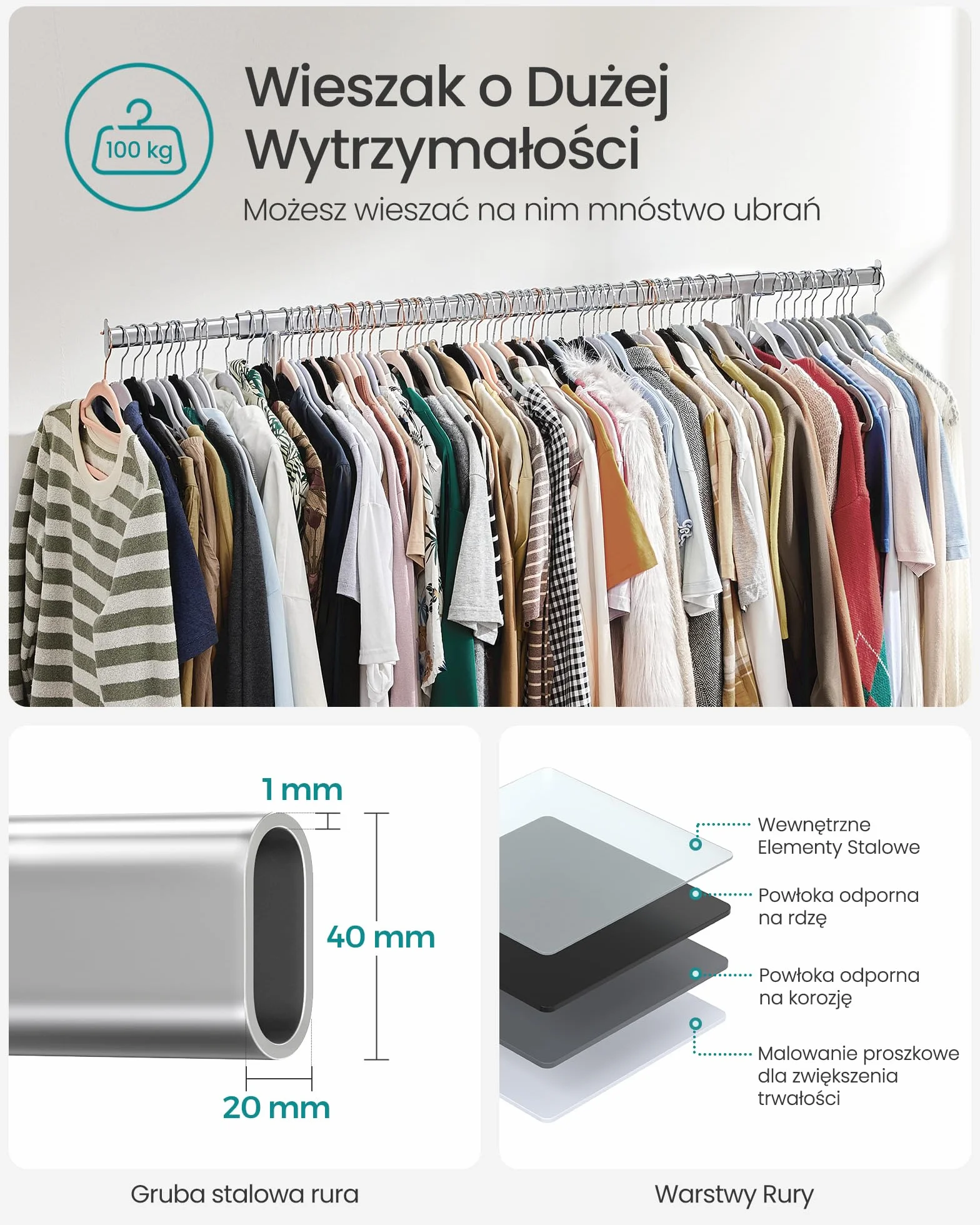 SONGMICS Stojak na ubrania z kółkami, wysuwany drążek do dużego obciążenia, wieszak na płaszcze, przechowywanie odzieży, nośność 90 kg, łatwy montaż, srebrny HSR13S