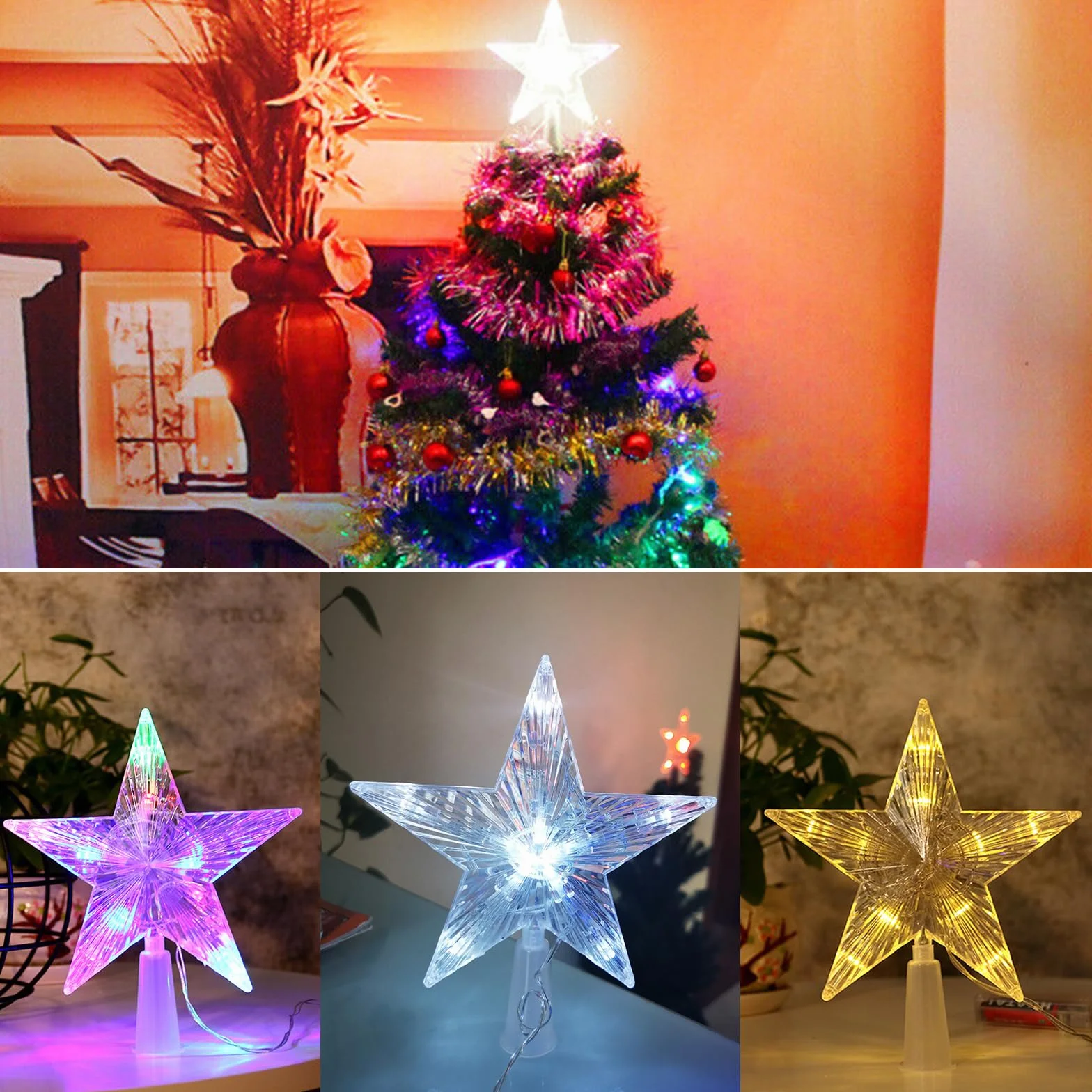 Ozdoby choinkowe, czubek choinkowy z 10 diodami LED z wtyczką elektryczną – 16 x 16 cm, świecący pentagram, gwiazda na choinkę (białe światło, 16 x 16 cm)