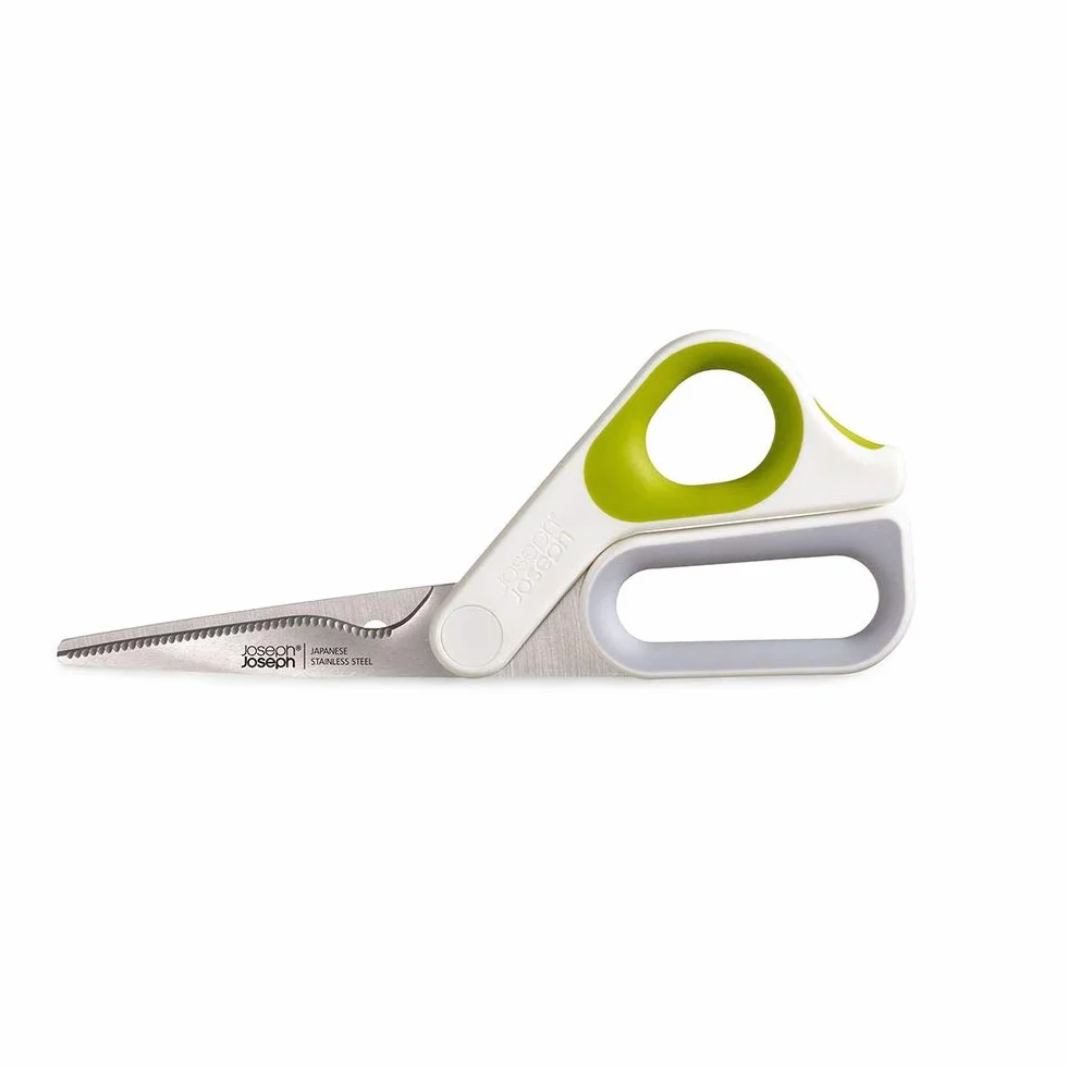 Joseph Joseph PowerGrip - wielofunkcyjne nożyczki kuchenne Durable z uchwytem na kciuk, ostrza ze stali nierdzewnej, ząbkowana krawędź, do mięsa, drobiu, pizzy, ziół - biały/zielony