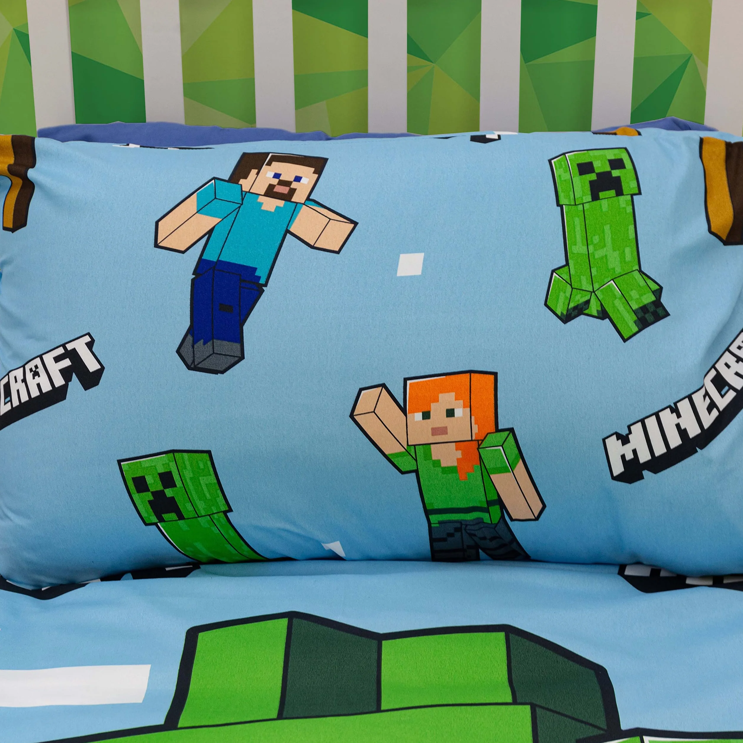 Minecraft Oficjalny zestaw poszewek na pojedynczą kołdrę, epicki design | Niebieska dwustronna poszewka na kołdrę z 2 stronami, oficjalny towar, w tym pasująca poszewka na poduszkę