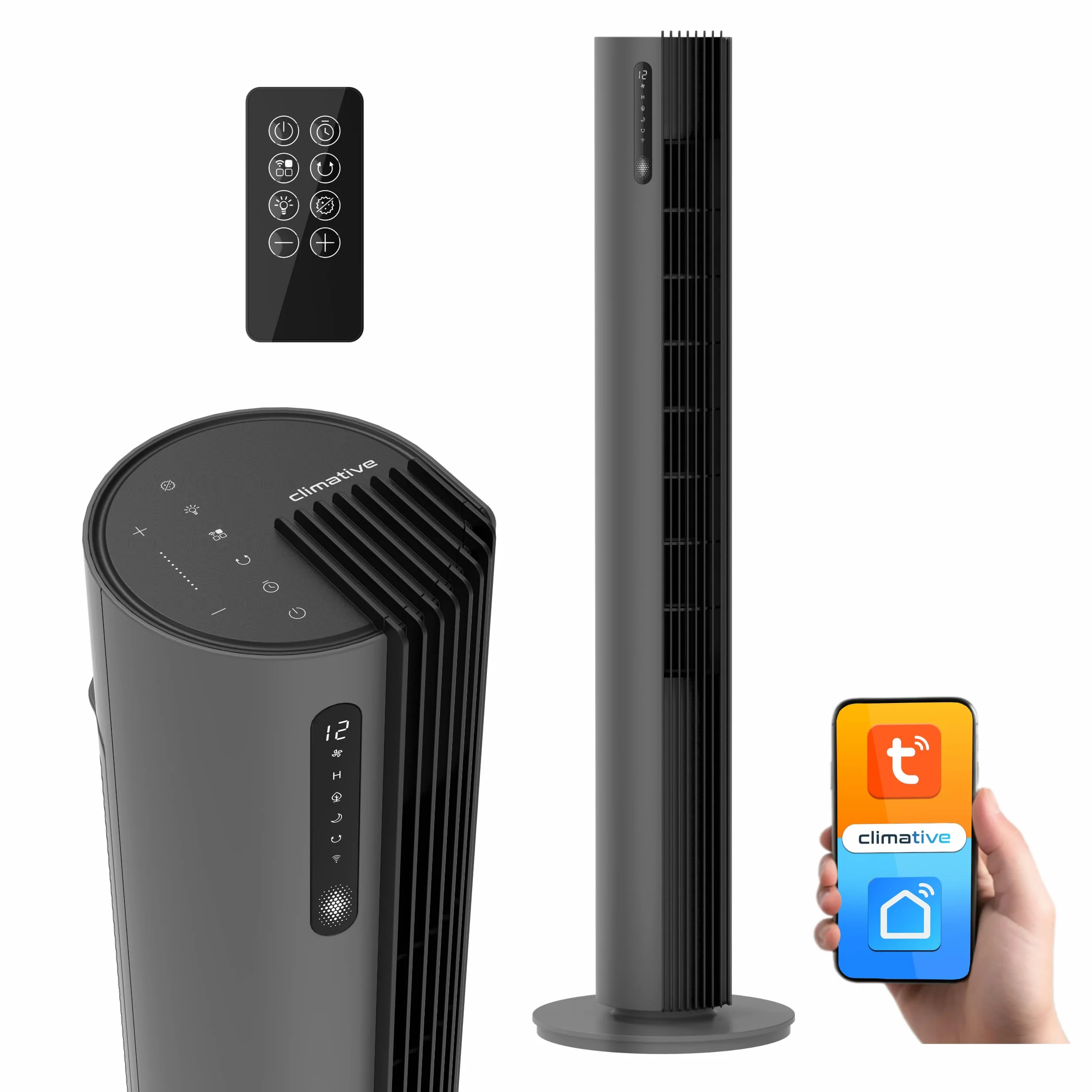 Wentylator kolumnowy 110cm PURE Jonizacja Plazmowa WiFi Tuya Smart Life, 12 prędkości, 30W, Timer 12h, Bardzo cichy wiatrak stojący z pilotem, Tower Fan, Nowoczesny klimatyzer wieżowy, Szary