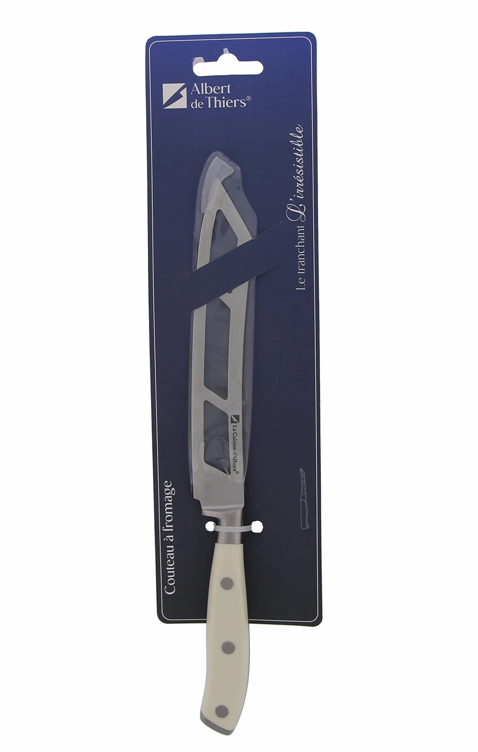 Albert de Thiers - L'IRRESISTIBLE - Nóż do sera 15,2 cm - Ażurowe ostrze ze stali nierdzewnej - 3 nity rękojeści ABS - Ochrona PVC - Na karcie 80 x 280 mm