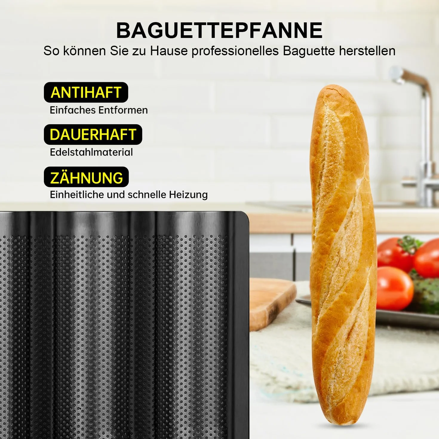 Hotec Forma do pieczenia 3 bagietek z powłoką zapobiegającą przywieraniu, idealna jako forma do bagietek, akcesoria do pieczenia chleba, blacha do pieczenia bagietek (38 x 24,5 cm), czarna