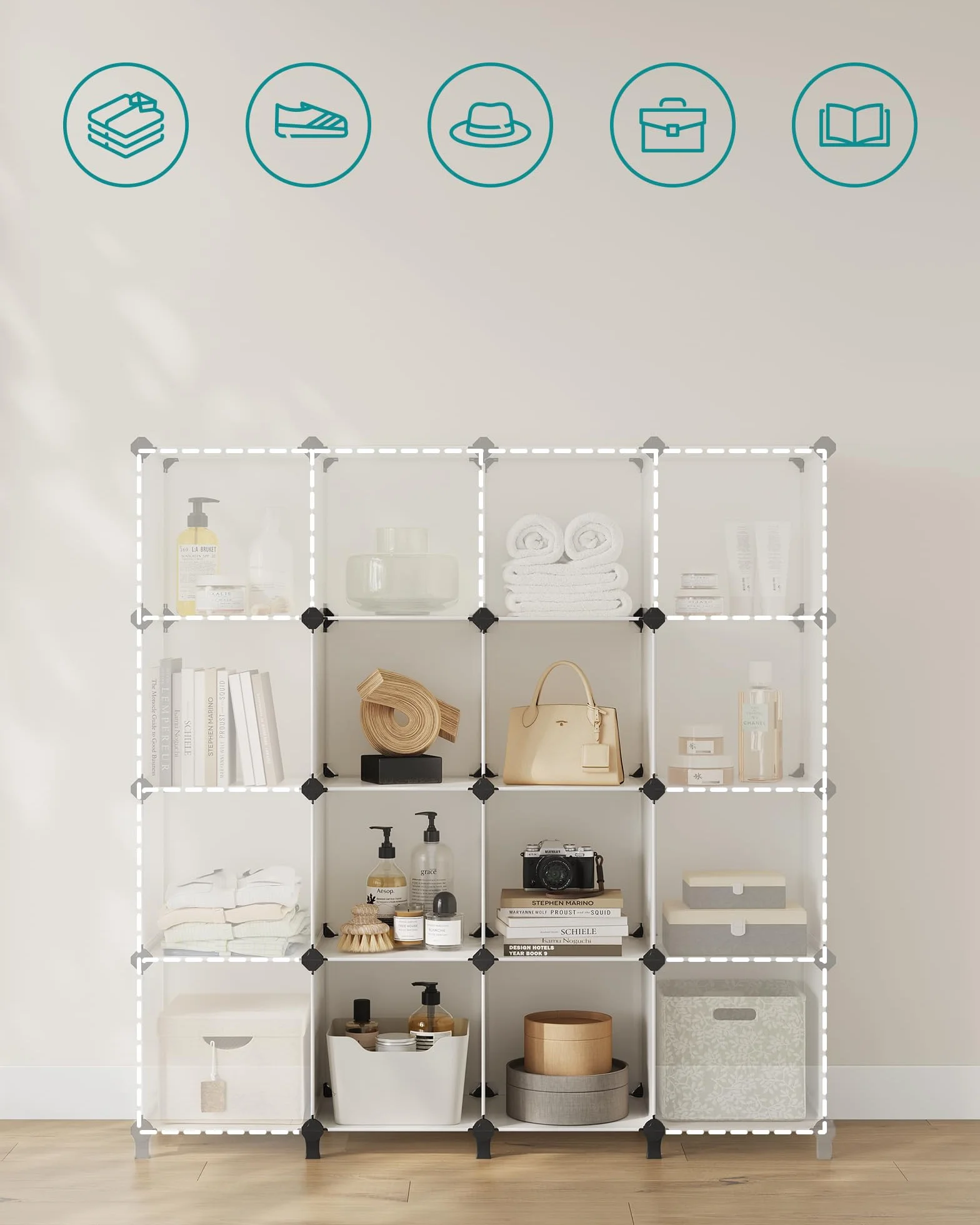 SONGMICS Modułowy organizer do przechowywania w kostce z tworzywa sztucznego, z nóżkami, stojak na buty, każda kostka 30 x 30 x 30 cm, do salonu, sypialni, gabinetu, z gumowym młotkiem, kremowo-biały