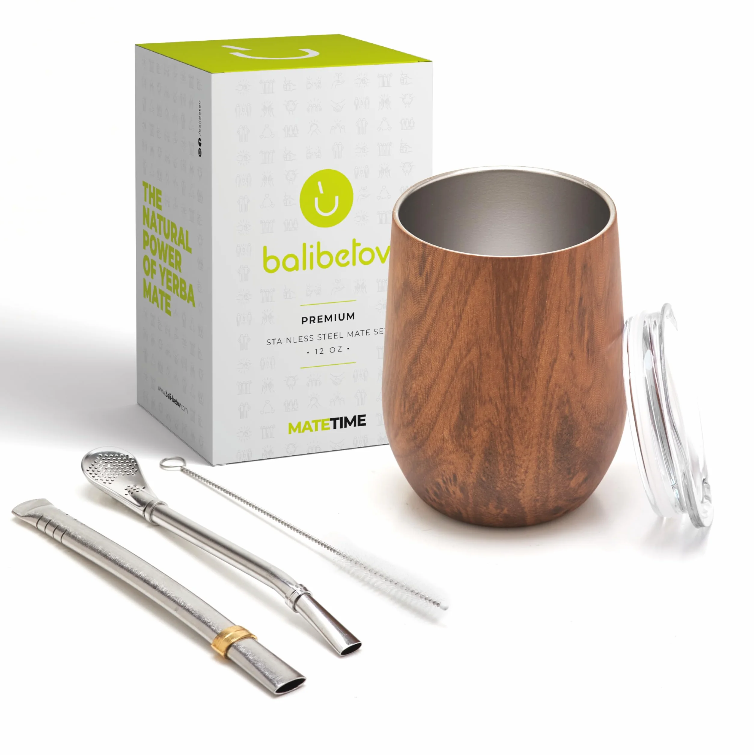 BALIBETOV Zestaw Nowoczesny Kubek Mate i Bombilla - Zestaw Yerba Mate Zawiera Dwuścienny Kubek Mate Ze Stali Nierdzewnej, Dwie Bombilla Mate (Słomka) i Szczotka do Czyszczenia (Drewno, 355 ml)