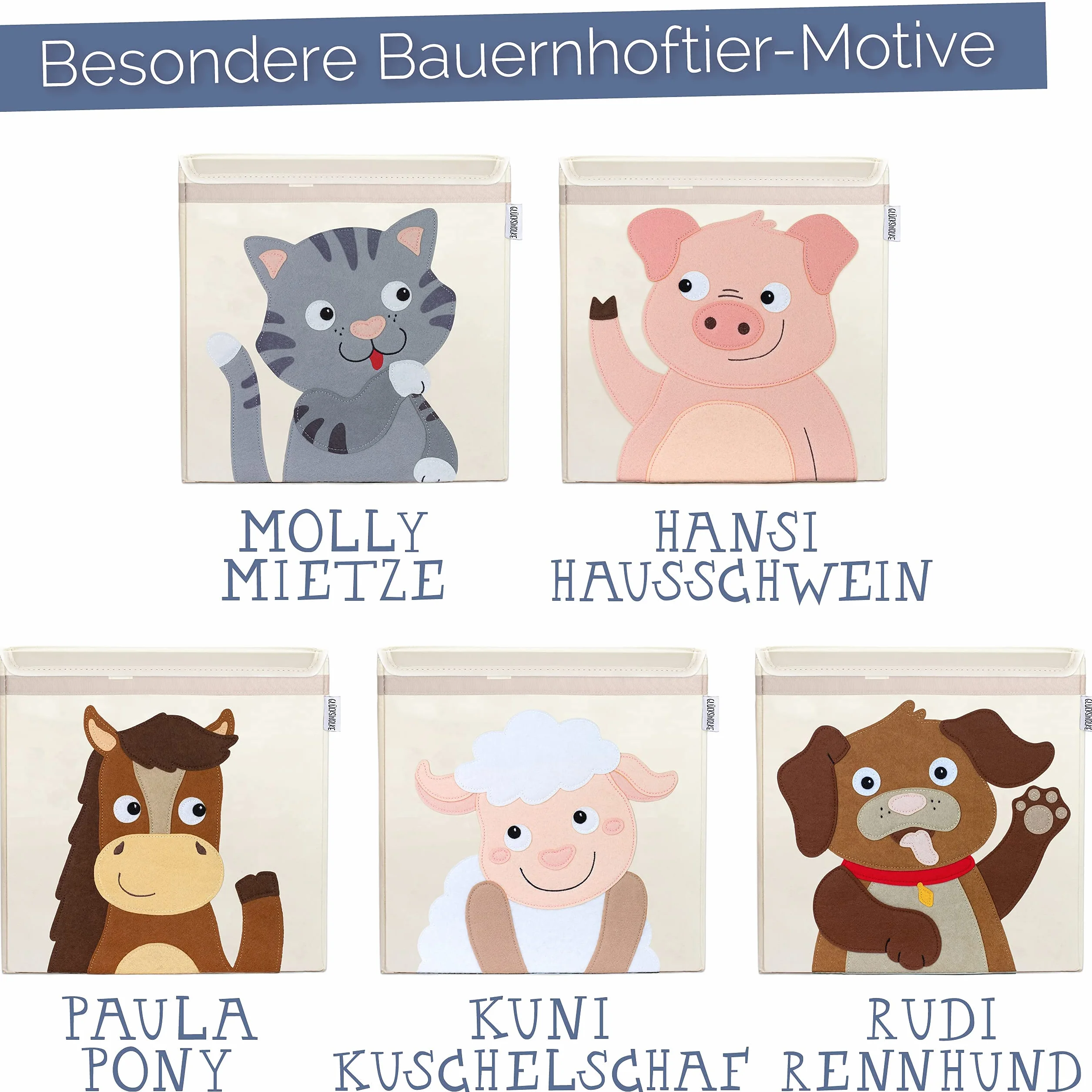 GLÜCKSWOLKE Pudełko do przechowywania dla dzieci – 15 motywów I skrzynka na zabawki z pokrywką do pokoju dziecięcego I pudełko na zabawki (33x33x33) do regale Kallax I zwierzęta gospodarskie (Kot)