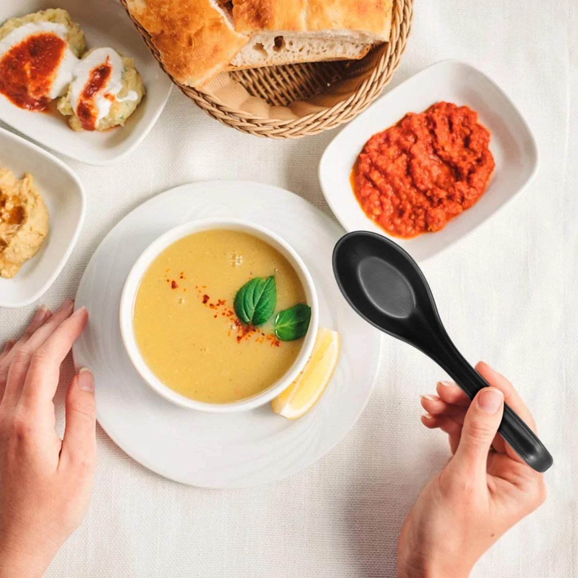 LATRAT 6 sztuk melaminy łyżki do zupy, azjatyckie łyżki do zupy, melaminy łyżka do ryżu z długim uchwytem do makaronu Wonton Soba Rice Pho Ramen