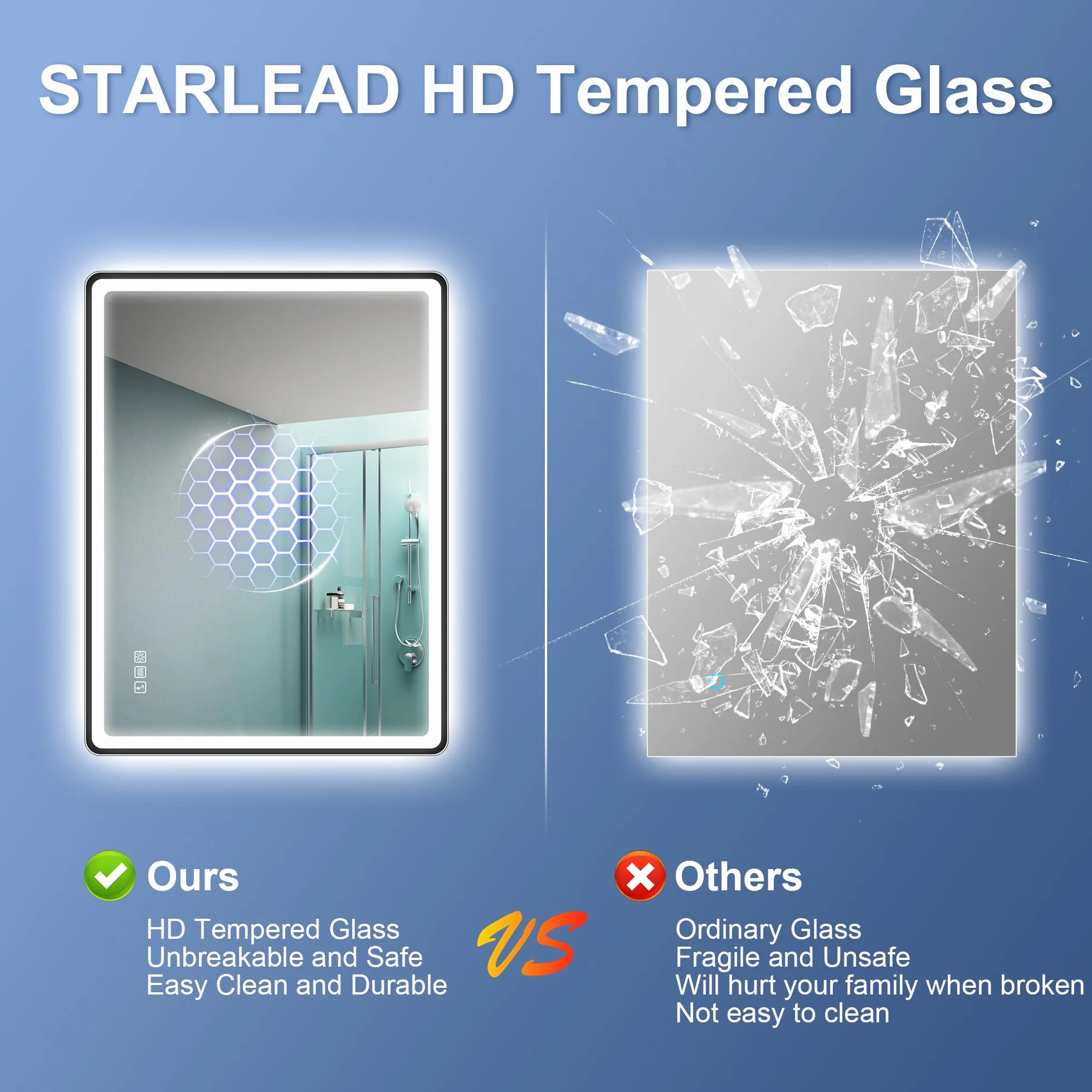 STARLEAD Czarne lustro LED łazienka ze światłem 80 x 60 cm, Bluetooth, 3 kolory światła, możliwość ściemniania, ochrona przed mgłem, pamięć, IP44, szkło hartowane, poziome/pionowe, rama niemetaliczna