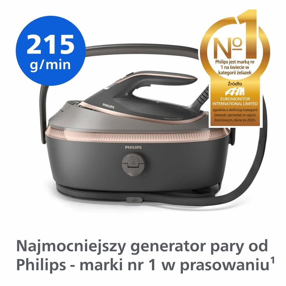Philips Generator Pary PerfectCare serii 8000 - Strumień pary 215 g/min, Łatwe Przenoszenie i Przechowywanie, OptimalTEMP, SteamGlide Elite, 1,4L, Easy De-Calc, Gwarancja Braku Przypaleń (PSG8200/80)