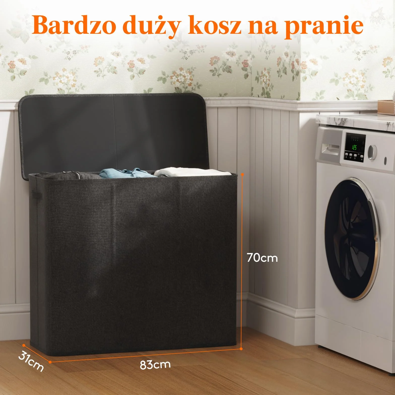 Lifewit 180L kosz na pranie 3 sekcje, bardzo duży kosz na pranie z pokrywą, kosz na brudne ubrania z uchwytem, podzielony organizer na pranie z 3 wyjmowanymi workami na pranie, Ciemnoszary