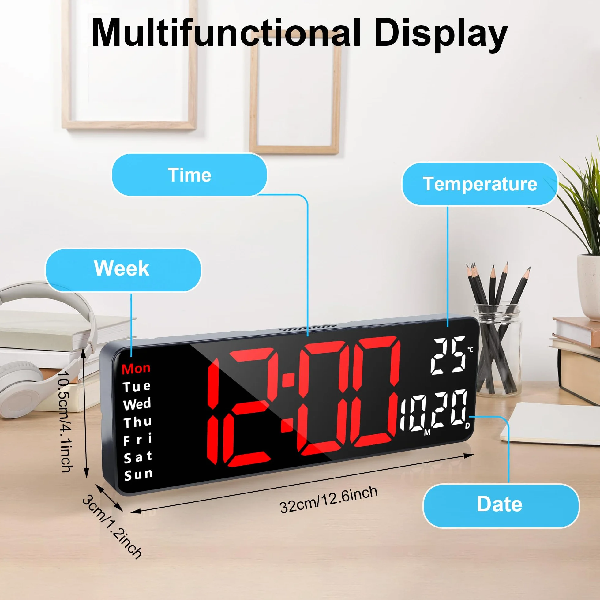 Lafocuse Cyfrowy zegar ścienny LED 33 cm z pilotem, regulowaną jasnością, timerem, temperaturą, datą
