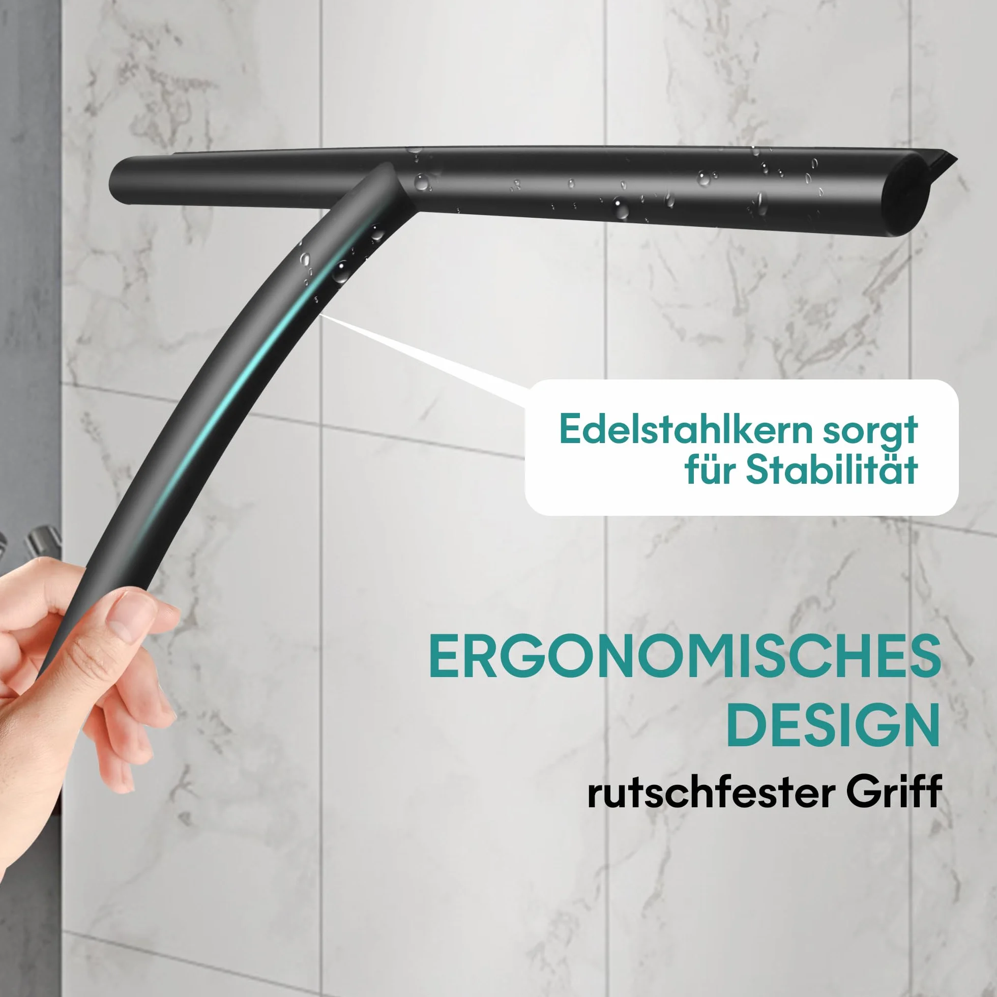 Shower Squeegee ściągaczka prysznicowa, 28 cm, silikonowa, szeroka, czarna – ściągaczka do prysznica i łazienki z uchwytem, bez wiercenia, ściągacz do okien z przyssawką i hakiem