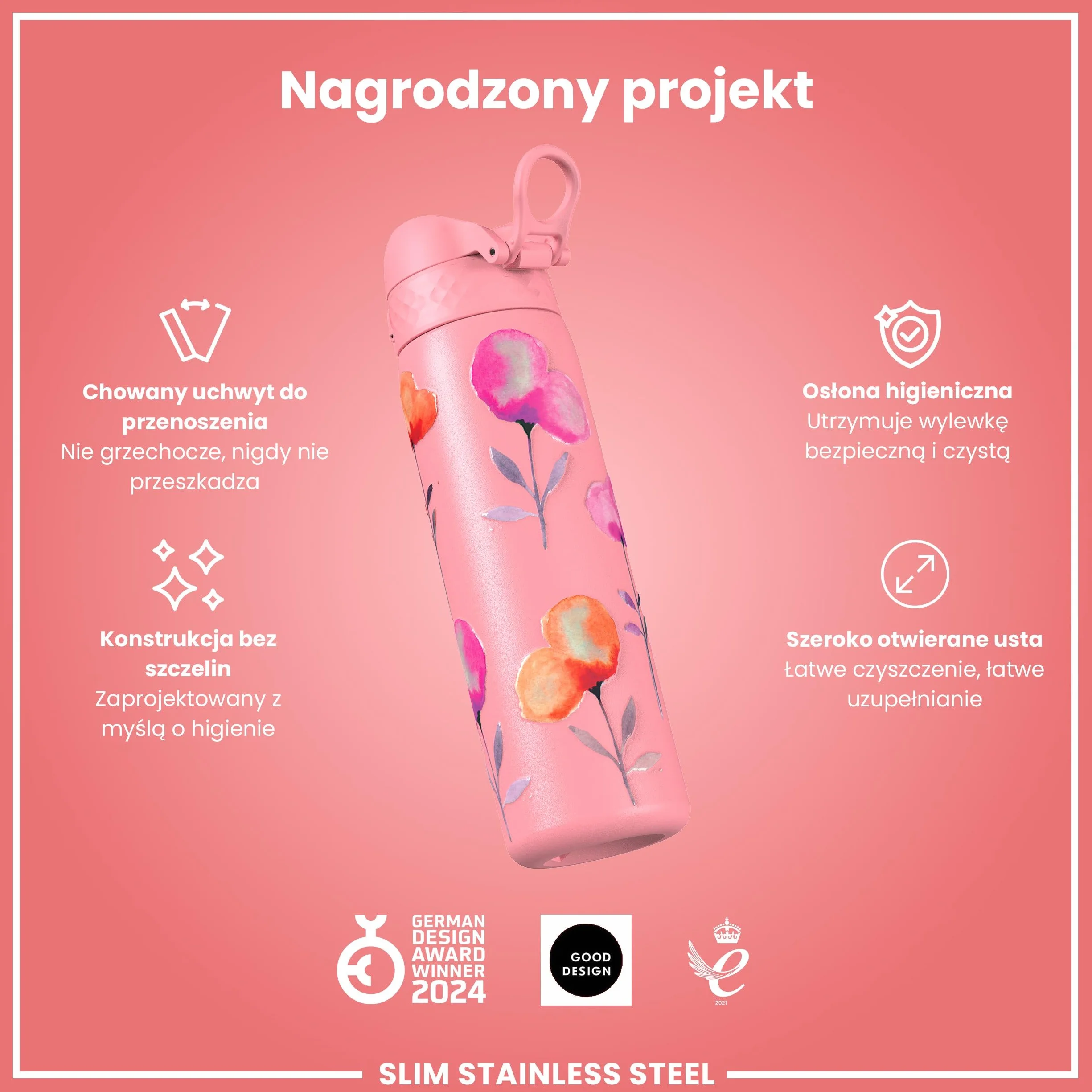 ION8 Butelka na Wodę ze Lekki Stali, 600 ml/20 oz, Nieocieplany, Szczelna, Łatwe Otwieranie, Bezpieczny Zamek, Można Myć w Zmywarce, Higieniczne Pokrycie, Składany Uchwyt, Kwiaty