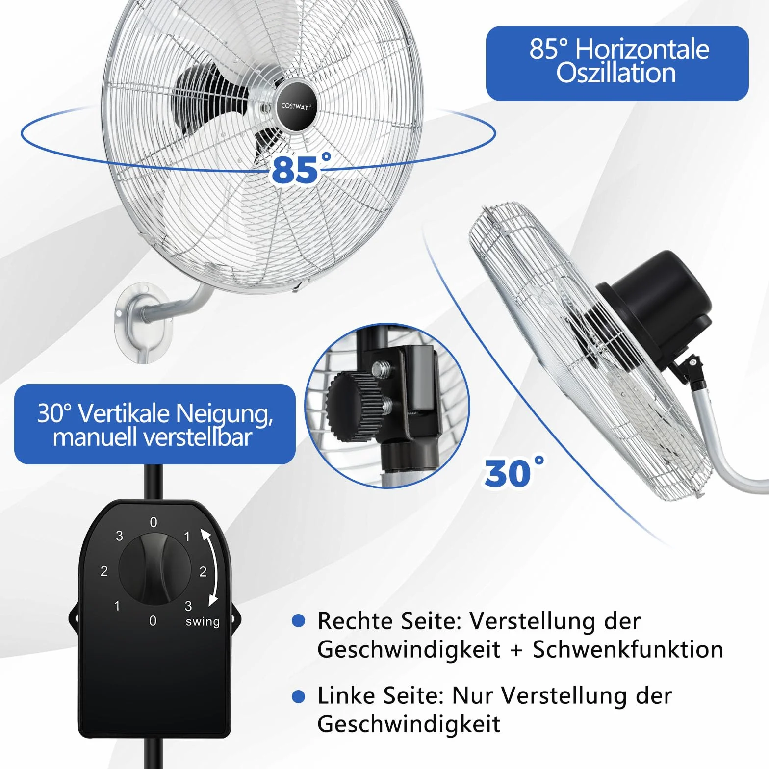 COSTWAY Wentylator ścienny przemysłowy 56 cm, oscylacja 85° i regulowany kąt nachylenia 30°, 3 stopnie prędkości, wentylator z oscylującą głowicą, do magazynu, warsztatu, szklarni (kolor srebrny)