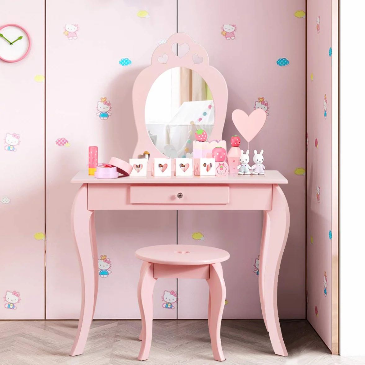 COSTWAY Toaletka dziecięca z taboretem i zdejmowanym lustrem, dla dziewcząt, stół z szufladą, stół z lustrem, 70 x 34 x 105 cm (różowa)
