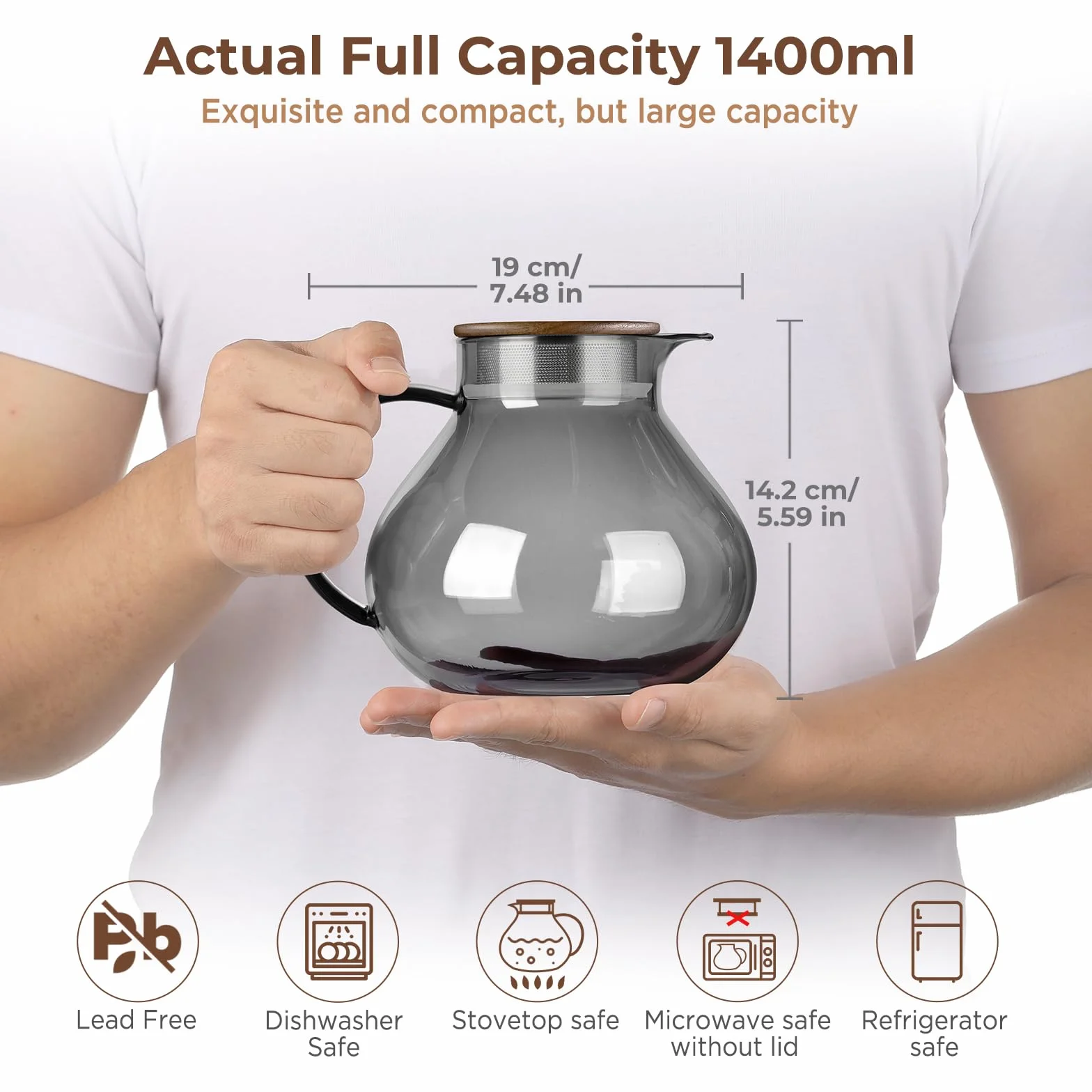 Ecooe 1400 ml prosta szklana dzbanek do herbaty z 18/8 czarną stalą szlachetną 2 w 1 sitko do herbaty z pokrywką dzbanek do herbaty z borokrzemiku Nadaje się do zimnych i gorących napojów na otwartym