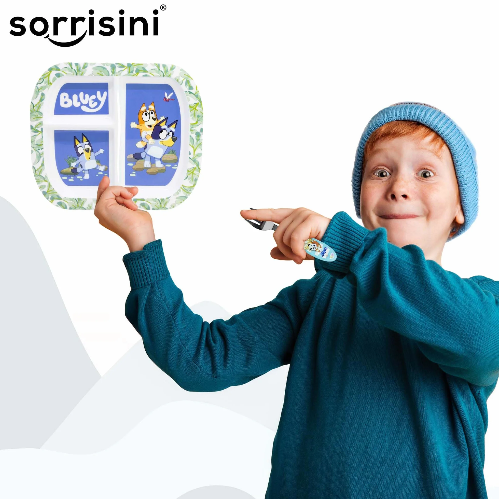 Zestaw naczyń dla dzieci, 3-częściowy zestaw sztućców z dzielonym talerzem, sztućce ze stali nierdzewnej, plastikowe naczynia do kuchenki mikrofalowej na dodatkowe jedzenie, Bluey Design