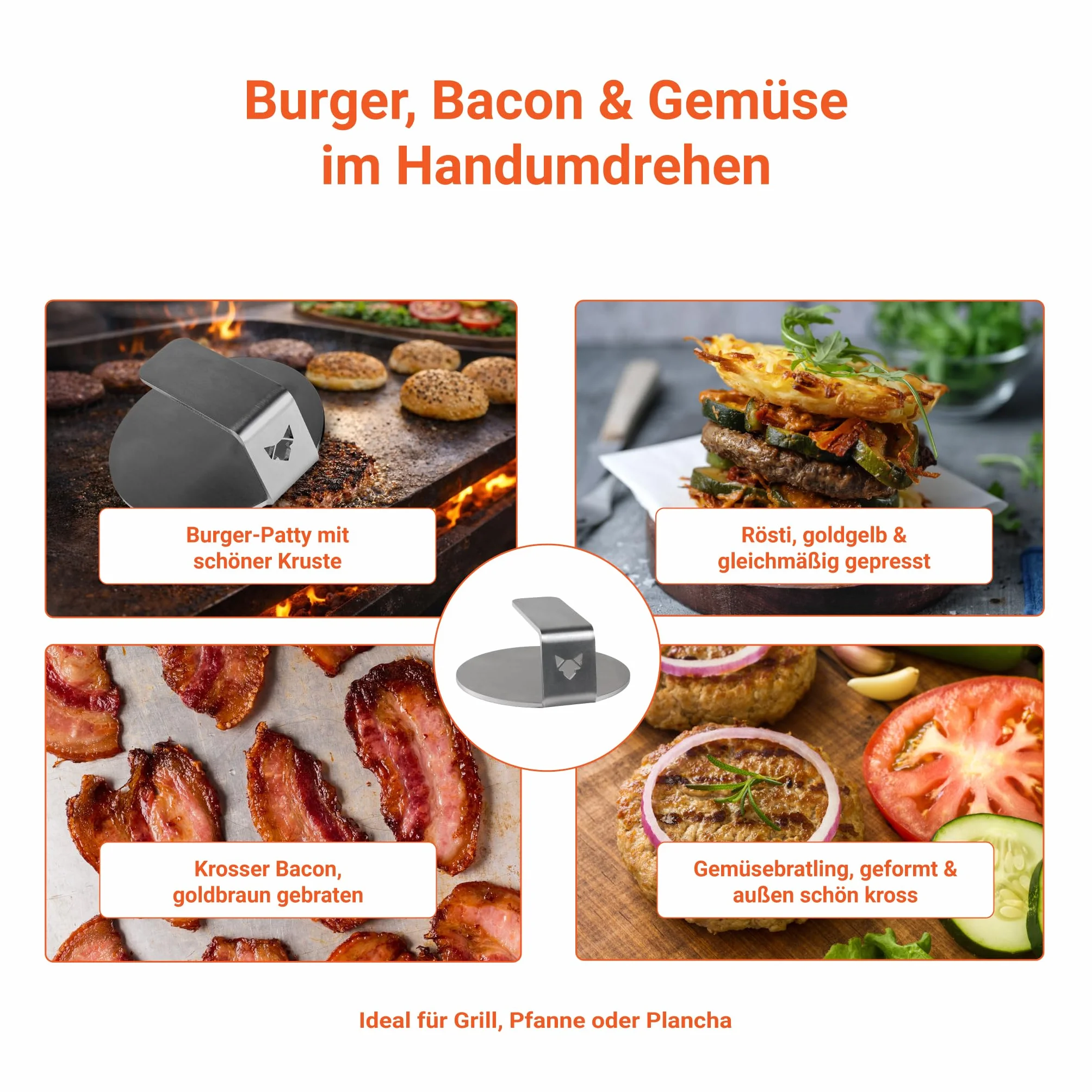 FENNEK Burger Smasher I prasa grillowa do hamburgerów z wysokiej jakości szlifowanej stali nierdzewnej I narzędzie do kuchni, ogrodu, restauracji, na kemping i wiele innych.