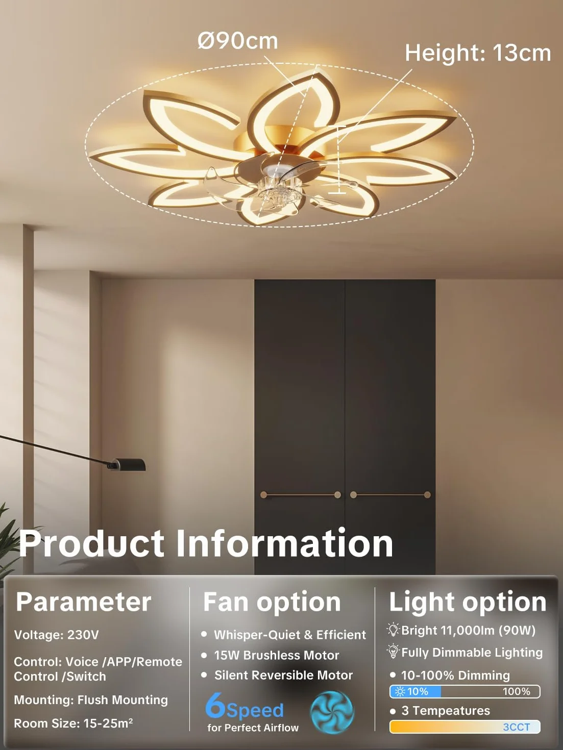 Wentylator sufitowy z oświetleniem i pilotem zdalnego sterowania lampa z cichym wentylatorem, kwiatowy wzór, nowoczesny design, możliwość ściemniania, funkcja pamięci, silnik DC, letnia zima