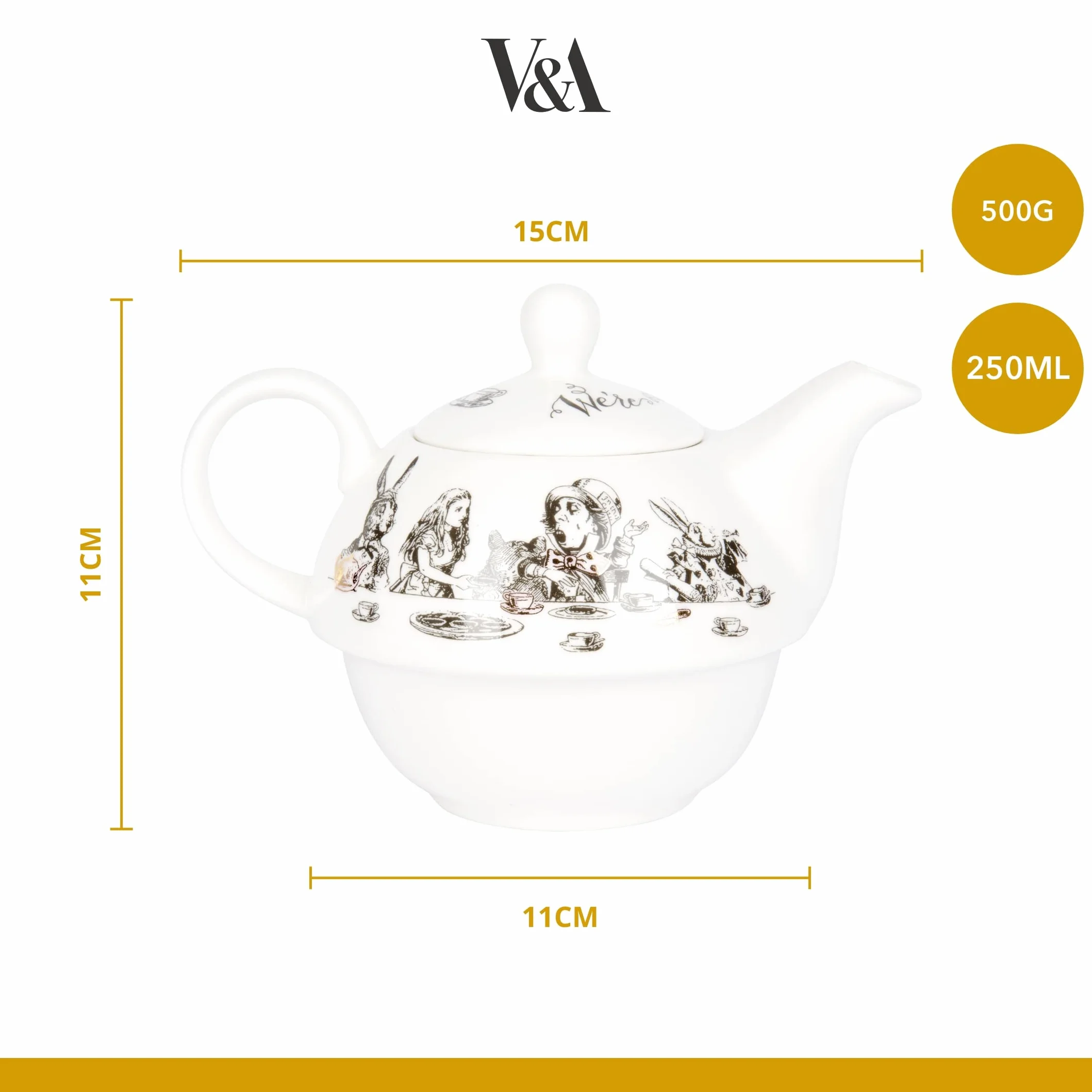 V&A Aiicja w Krainie Czarów, Zestaw Dzbanka i Filiżanki do Herbaty, dla Jednej Osoby, w Opakowaniu Prezentowym, Chińska Porcelana, Pojemność: 250 ml - Kolor Biały
