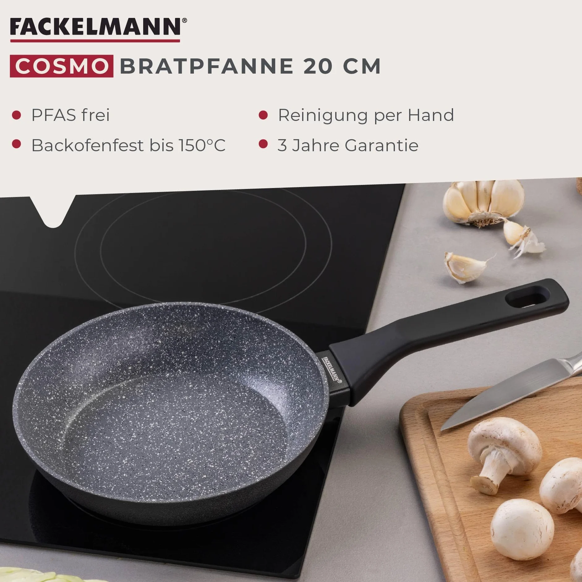 Fackelmann Patelnia Cosmo – średnica 20 cm z tłoczonego aluminium, powłoka ceramiczna Excilon bez użycia PFAS, uchwyt Soft-Touch, czyszczenie ręczne