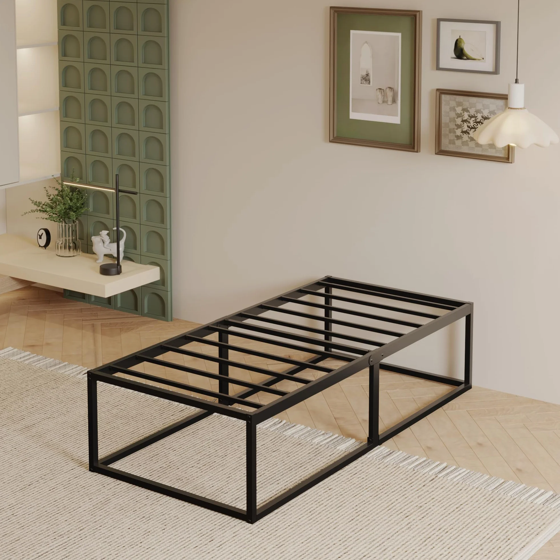 EMODA Rama łóżka o wysokości 46 cm, 90 x 200 cm, wytrzymała metalowa platforma, pojedyncze łóżko ze stalowymi listwami, duże przechowywanie pod łóżkiem, bezgłośny, łatwy montaż, czarny