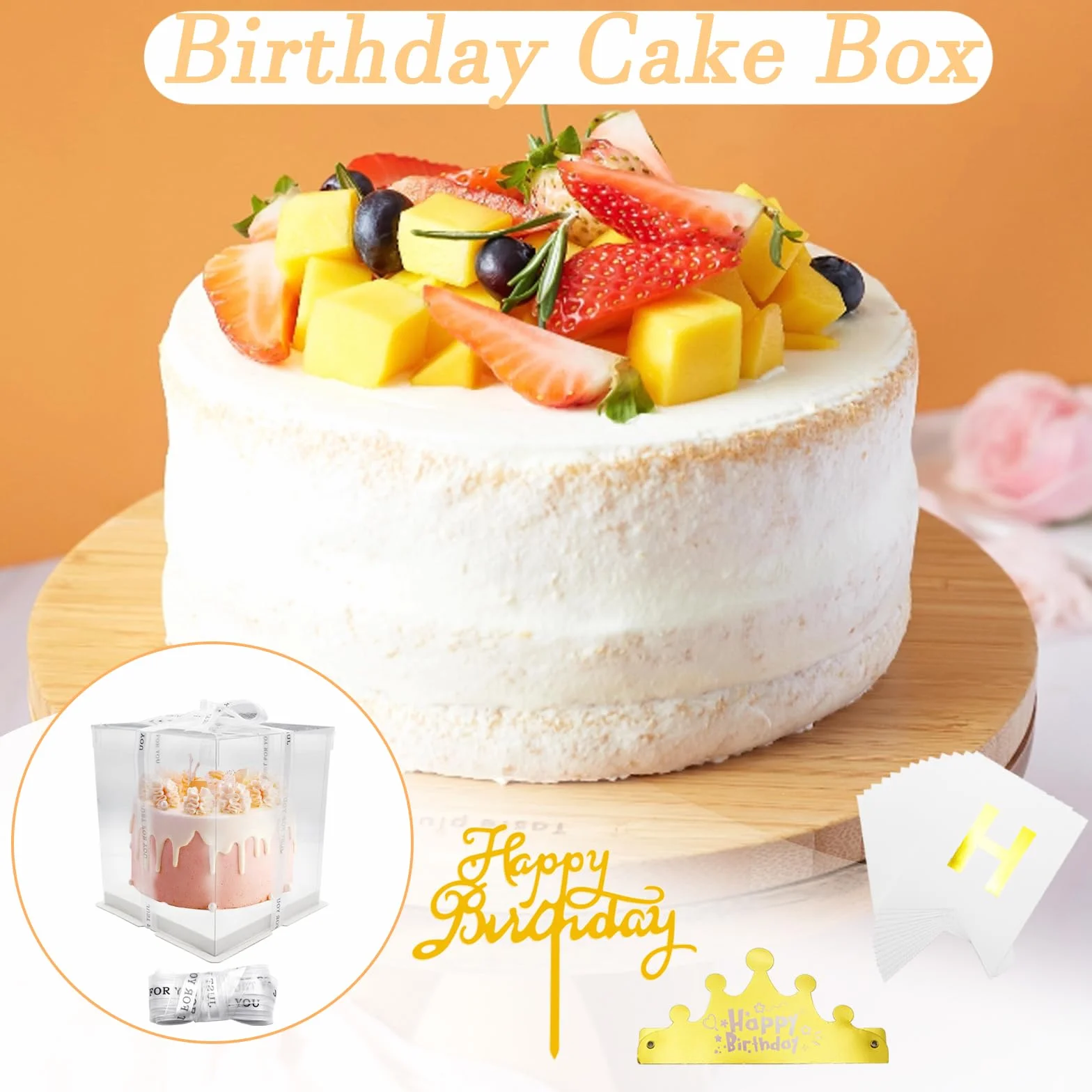 2 przezroczyste pudełko na tort, pudełko na tort, pudełko na tort, 21,5 x 21,5 x 25 cm, przezroczyste pudełko transportowe, pudełka na torty, z cokołem i wstążką, na urodziny i desery