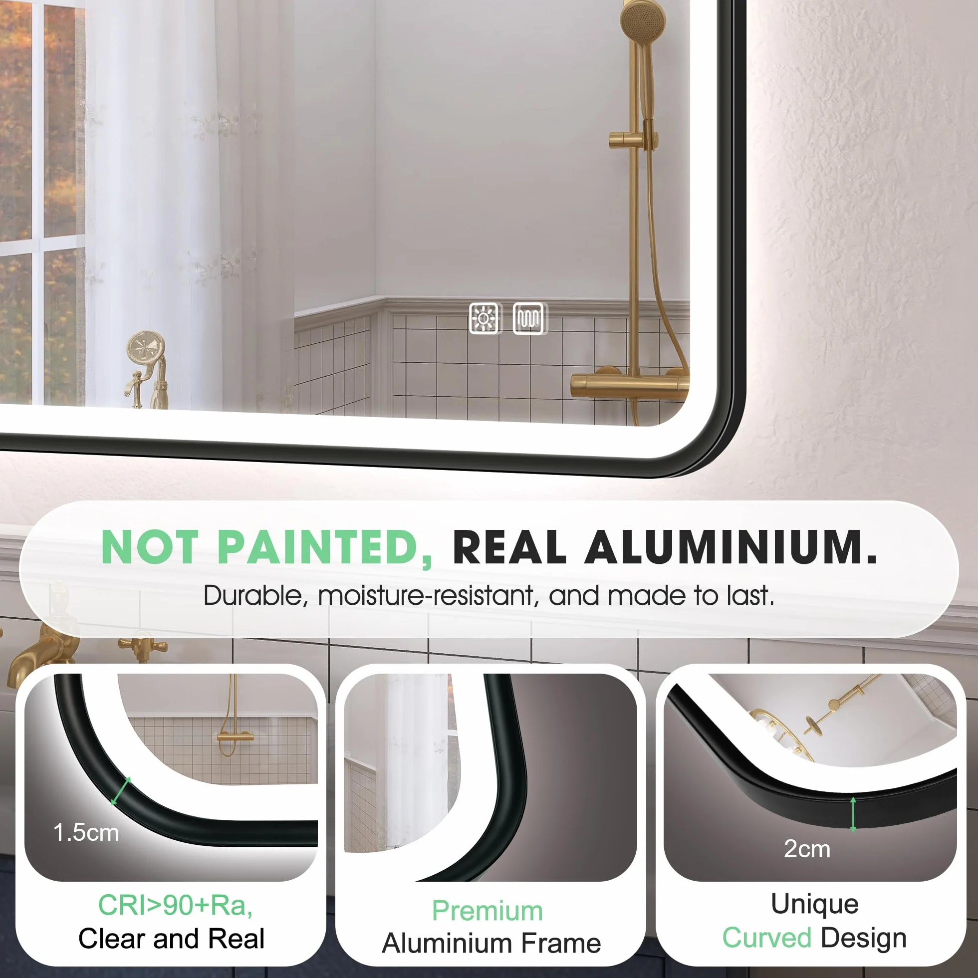 S'bagno Lustro łazienkowe ze światłem 80 x 60 cm, lustro łazienkowe LED z aluminiową ramą, Anti-Fog, 3000-6500K, funkcja pamięci, wodoodporna IP44, pozioma/pionowa, czarna