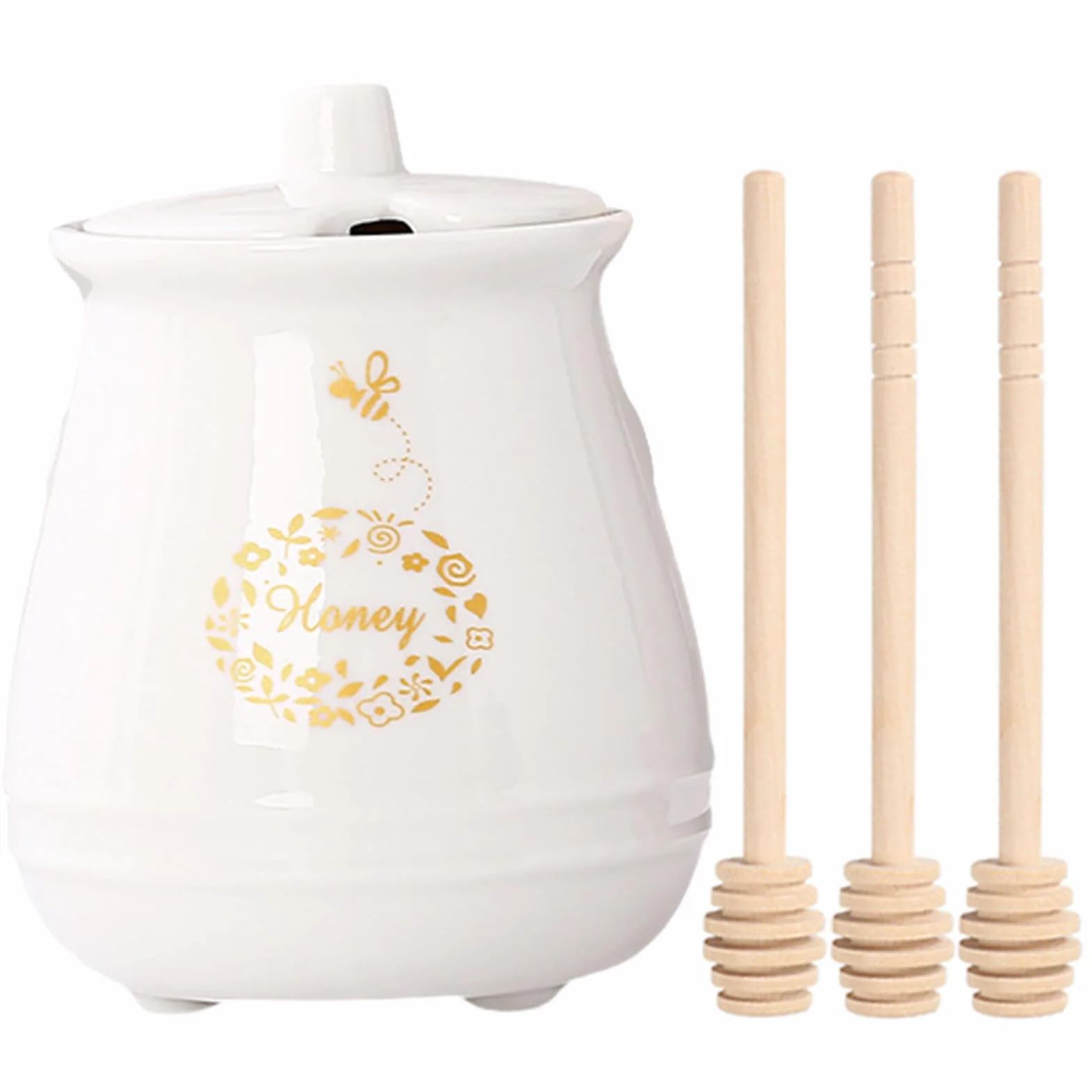 Garnki na miód, ceramiczny, 300 ml, z pokrywką i łyżeczką do miodu, 3 x do kuchni, salonu, na miód i syrop, porcelanowy pojemnik na miód do przechowywania (biały)