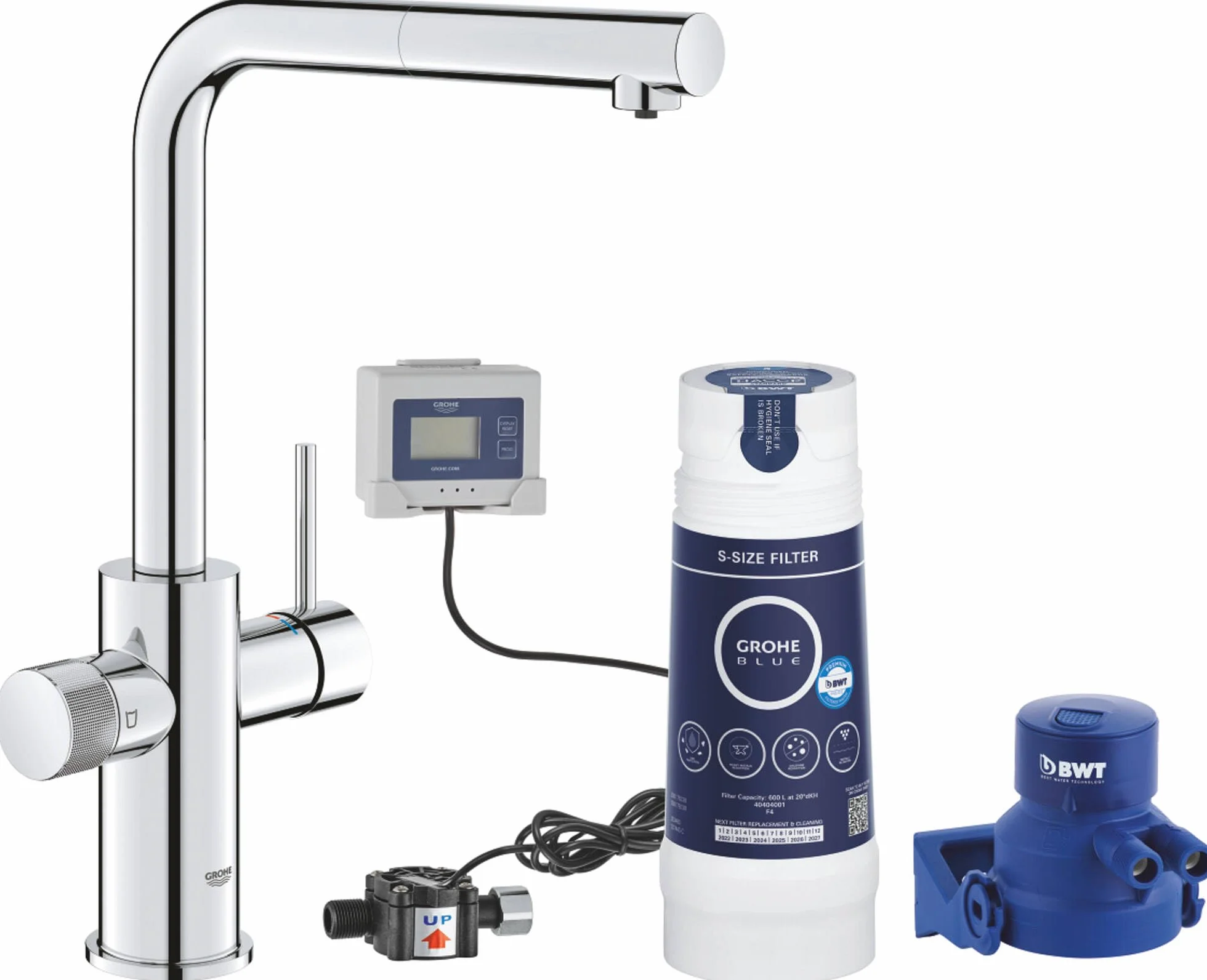 Grohe Blue Pure Minta, bateria do zlewu kuchennego, wyciągana, z 5-stopniowym filtrem, rozmiar S i liczniki, chrom
