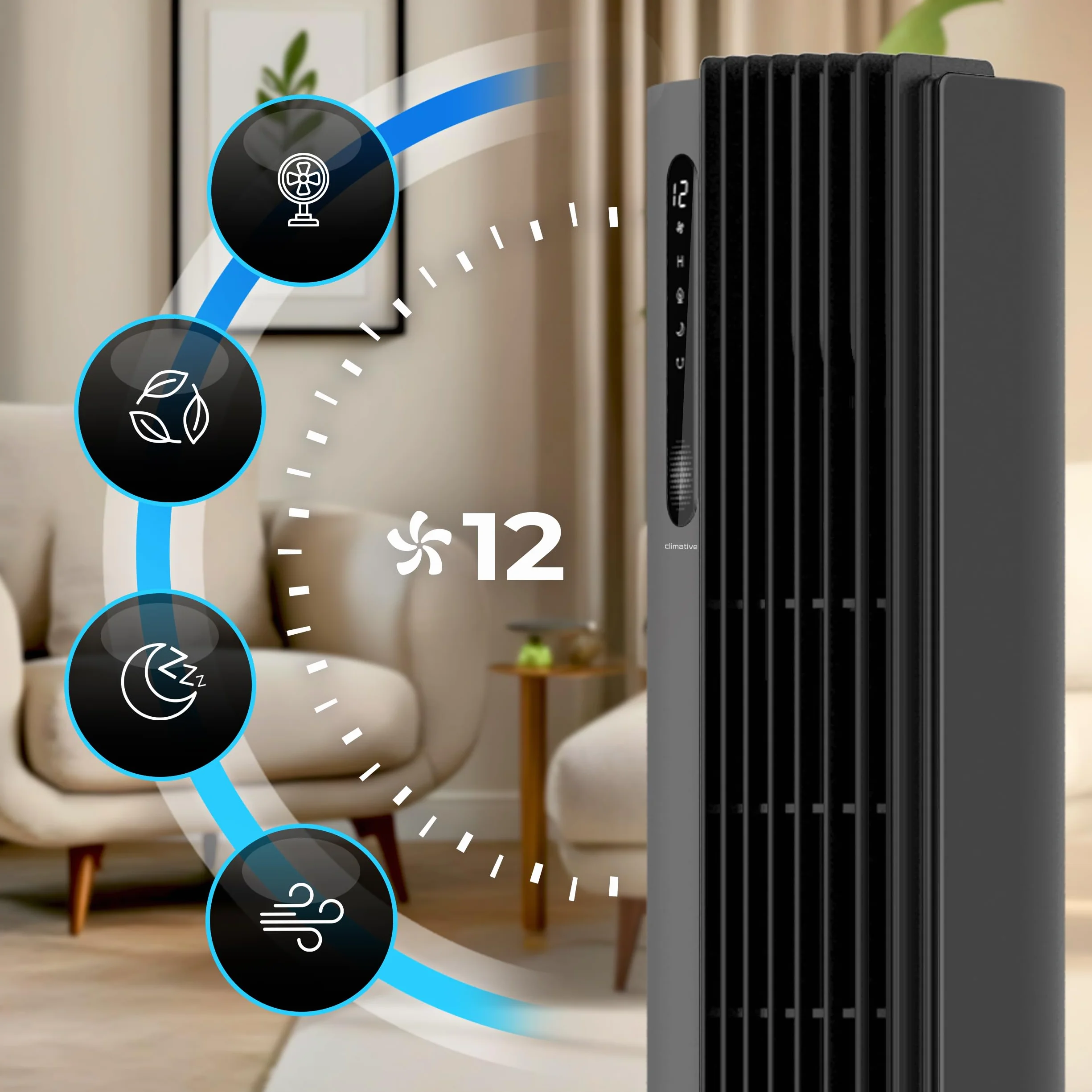 Wentylator kolumnowy 110cm PURE Jonizacja Plazmowa WiFi Tuya Smart Life, 12 prędkości, 30W, Timer 12h, Bardzo cichy wiatrak stojący z pilotem, Tower Fan, Nowoczesny klimatyzer wieżowy, Szary