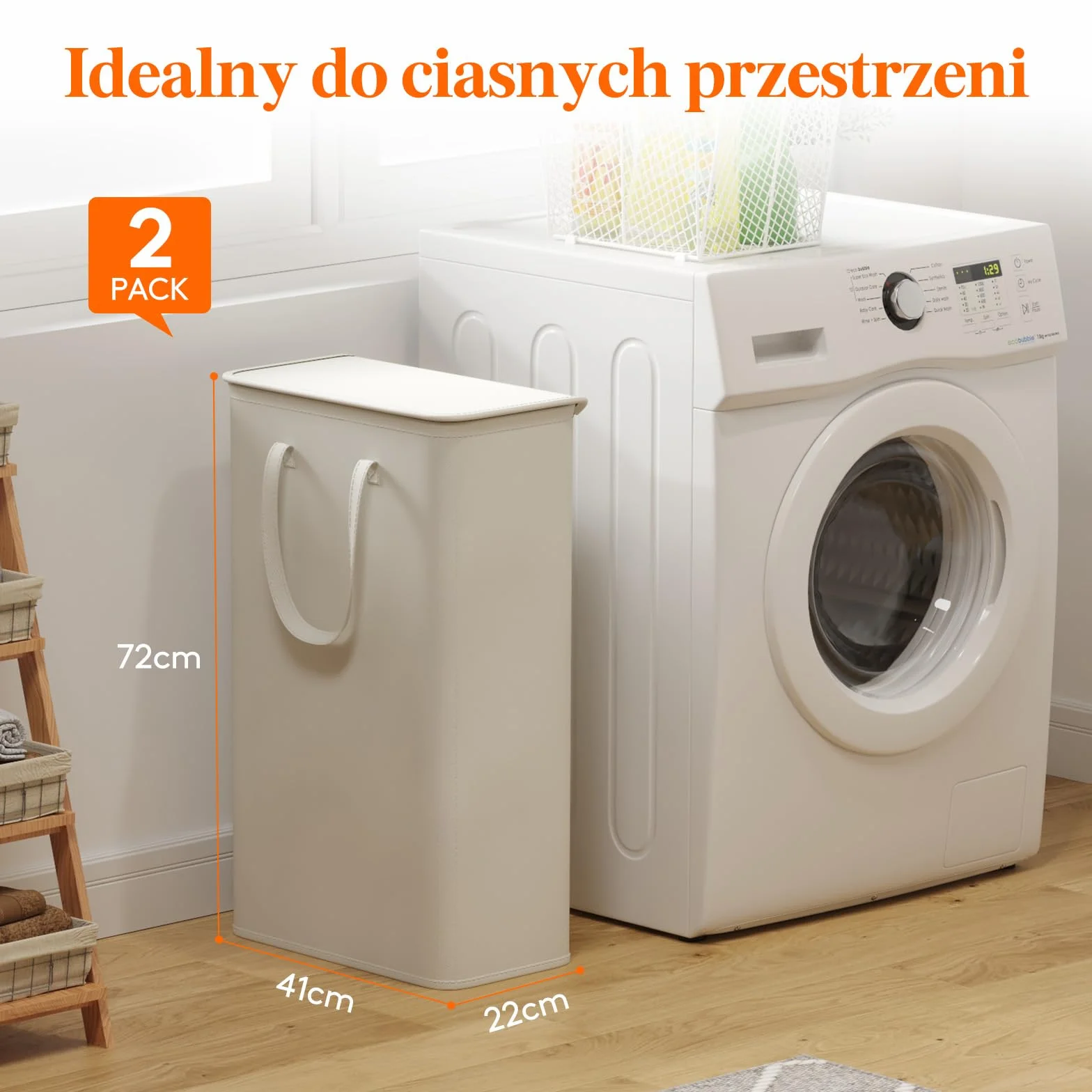 Lifewit 65L wąski kosz na pranie z pokrywą składany biały 2 opakowania