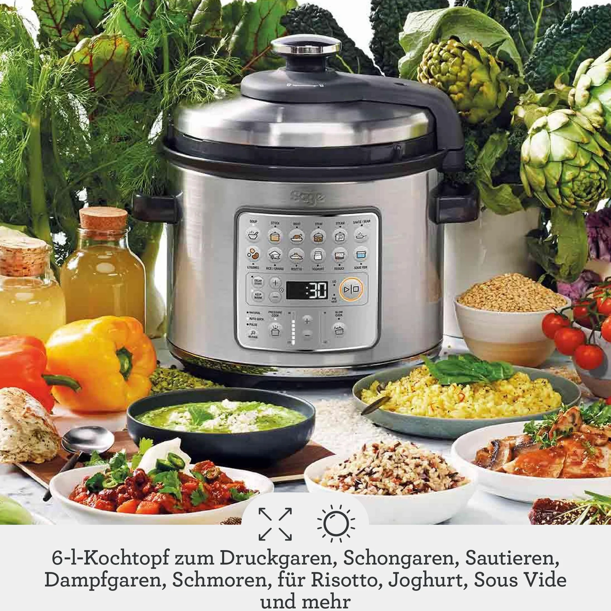 Sage Fast Slow Go - Gotowanie pod ciśnieniem, wolne gotowanie, smażenie, gotowanie na parze, duszenie, robienie risotto, Szczotkowana Stal Nierdzewna