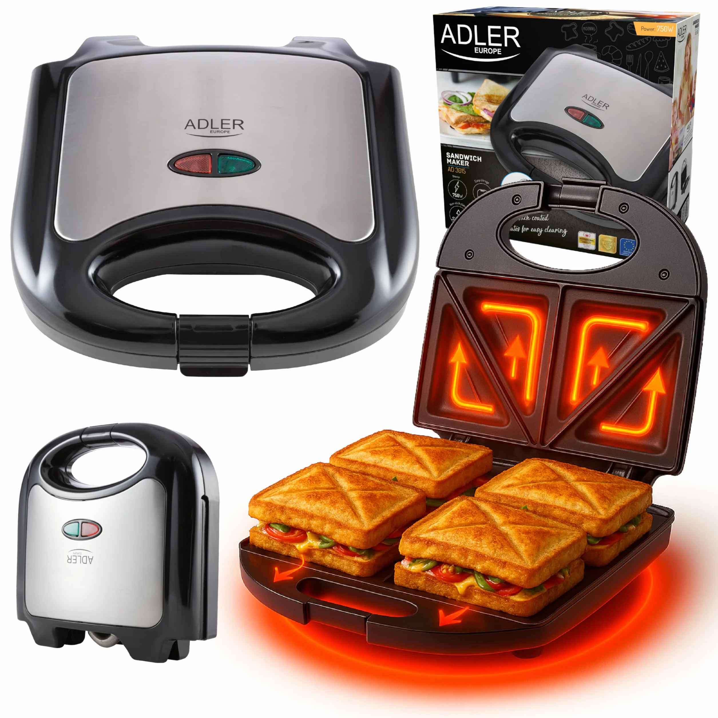 ADLER EUROPE AD 3015 Toster Sandwich, Opiekacz, Chrupiące kanapki, Moc 850W, Srebrny, Inox, Czarny