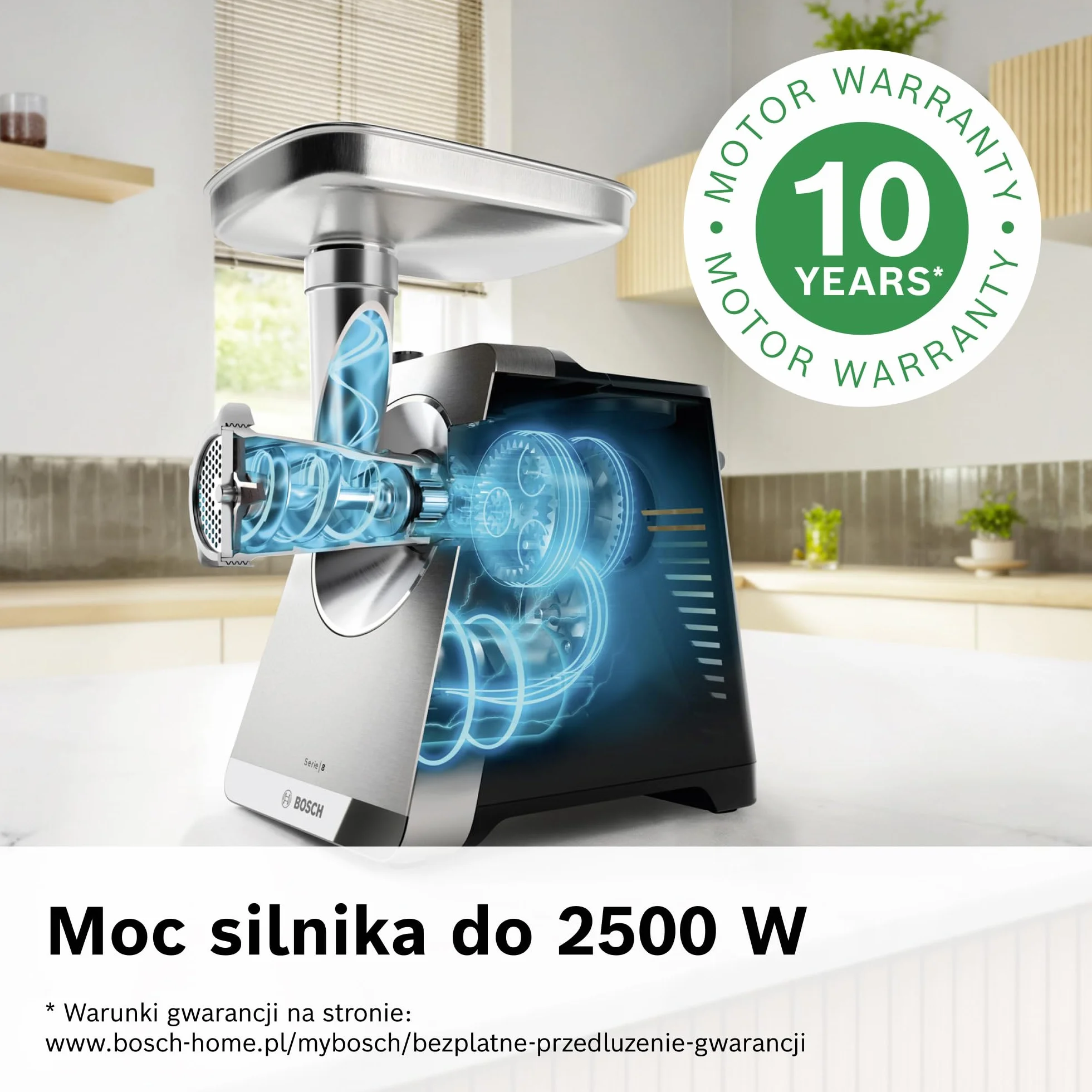 Bosch, MultiPower Serie 8, maszynka do mielenia mięsa, moc blokowania silnika do 2500 W, młynek do mięsa, nasadka do kiełbas i kebbe, czarna, MFWS820M
