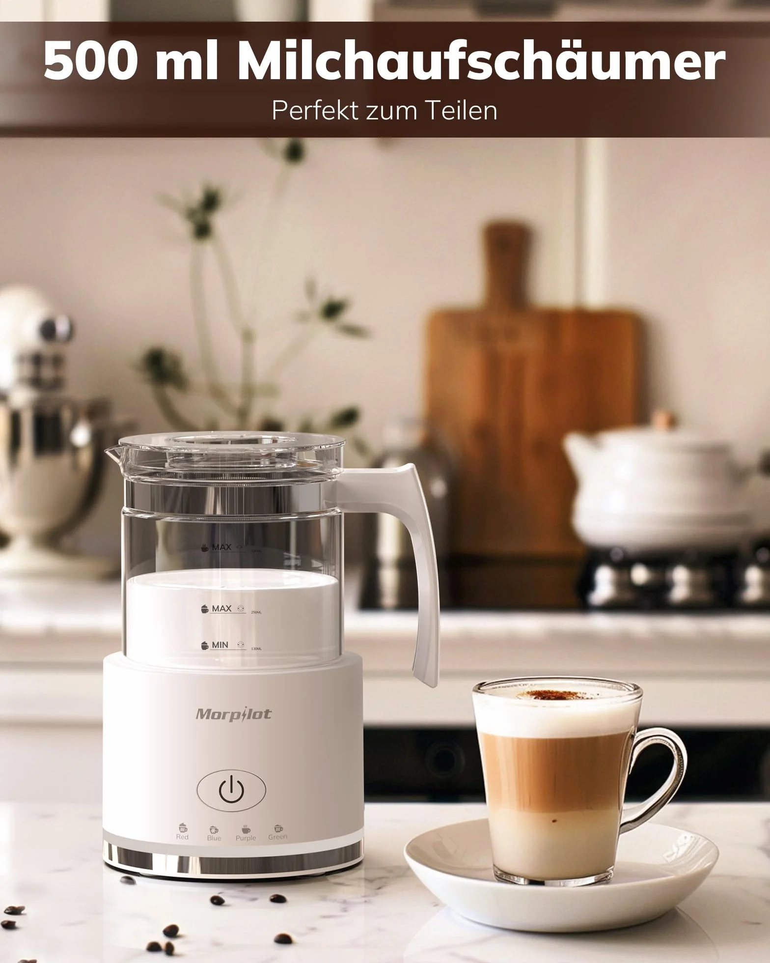 Morpilot spieniacz do mleka elektryczny, 130-500ml 600W, 4 w 1 spieniacz do mleka na gorąco i na zimno, odporny na zmywarkę, szkło wizualne, design latte, biały